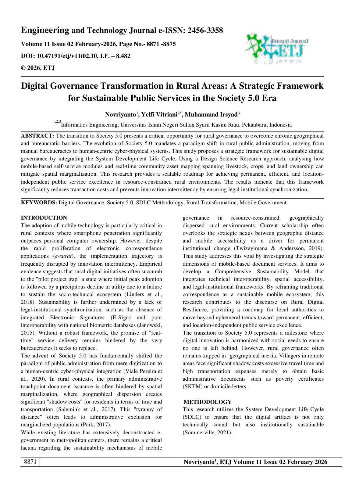 First page of Digital Governance Transformation in Rural Areas: A Strategic Framework  for Sustainable Public Services in the Society 5.0 Era 