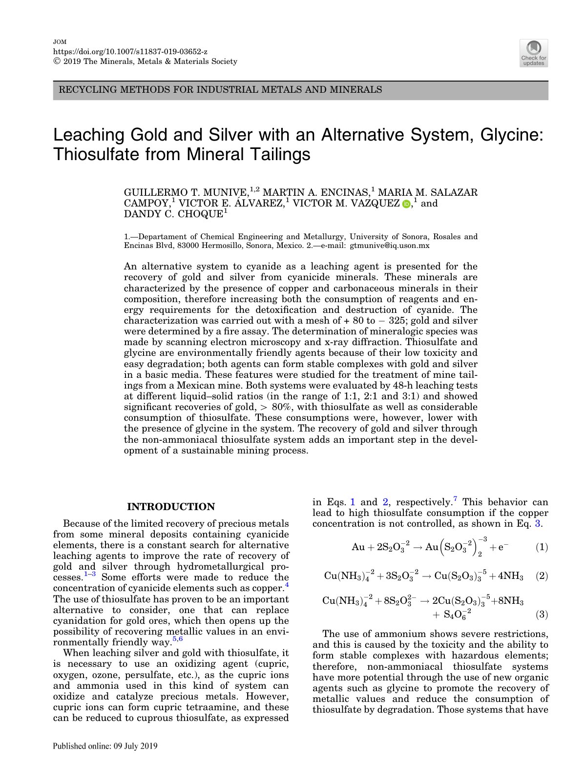 First page of Leaching Gold and Silver with an Alterna