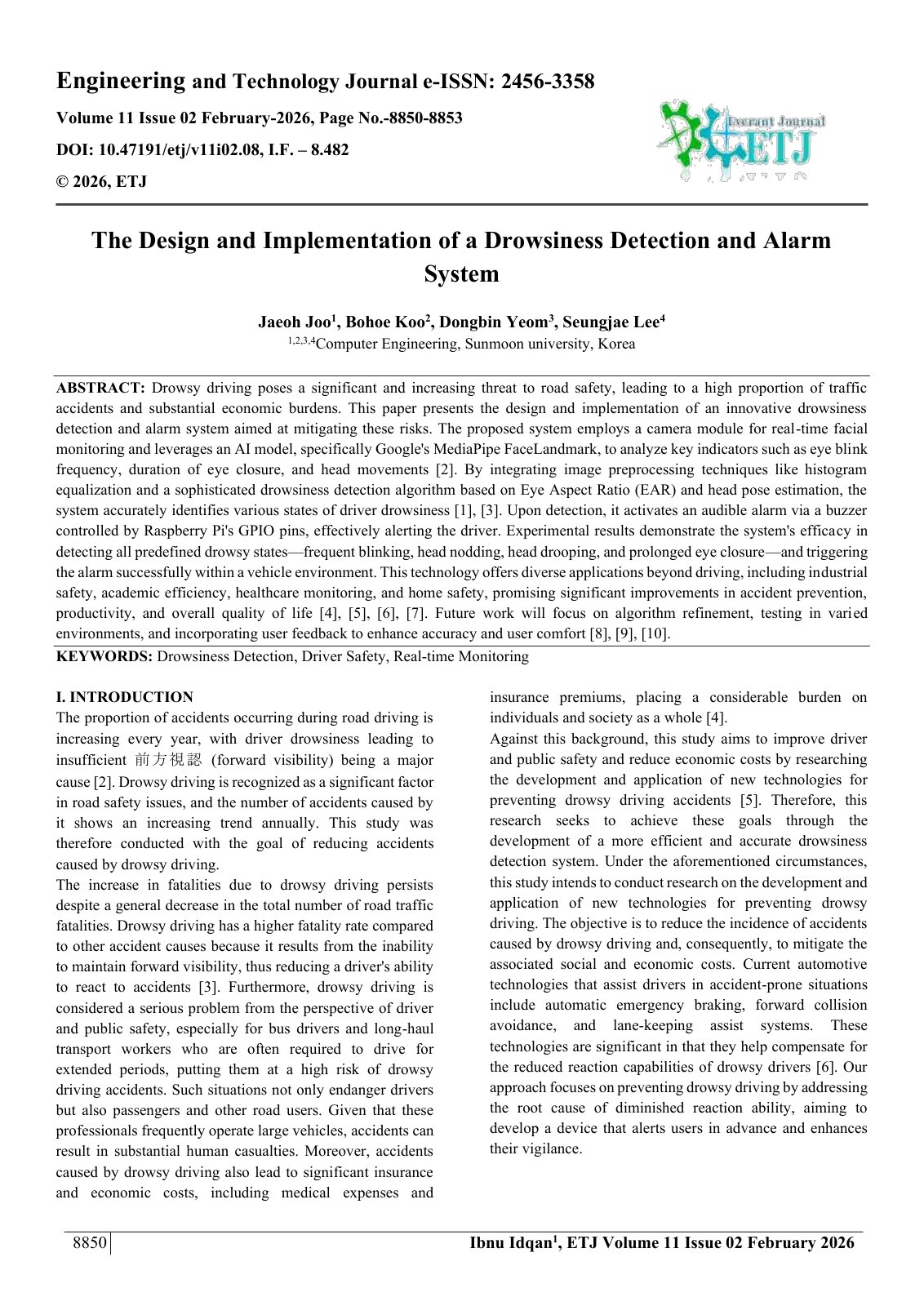 First page of The Design and Implementation of a Drowsiness Detection and Alarm  System