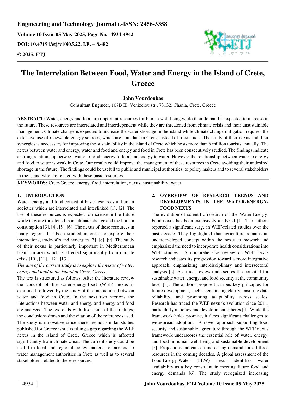 First page of The Interrelation Between Food, Water and Energy in the Island of Crete,  Greece  