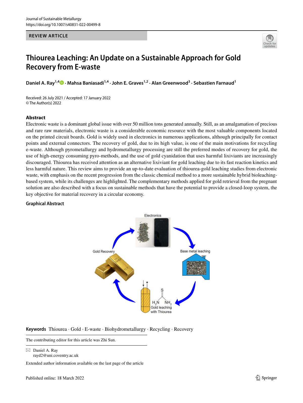 First page of Thiourea Leaching An Update on a Sustain