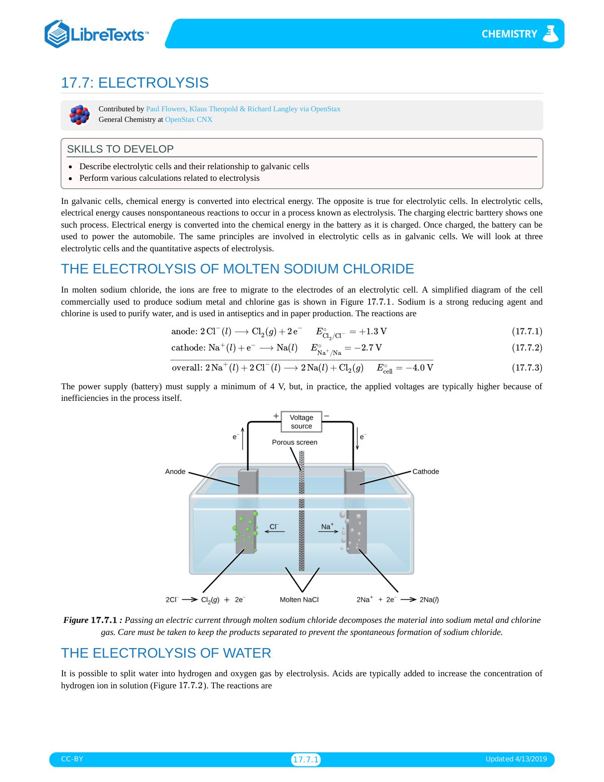 First page of LibreTexts  Louisville Collegiate School  Chapters  17  Electrochemistry  17.7  Electrolysis