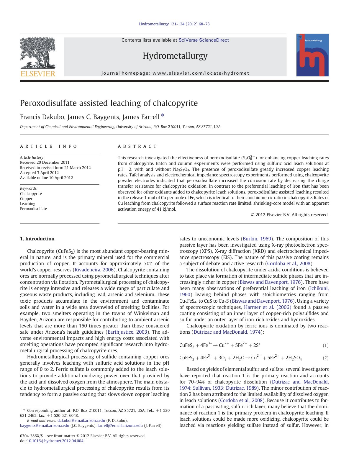 First page of Peroxodisulfate assisted leaching of cha