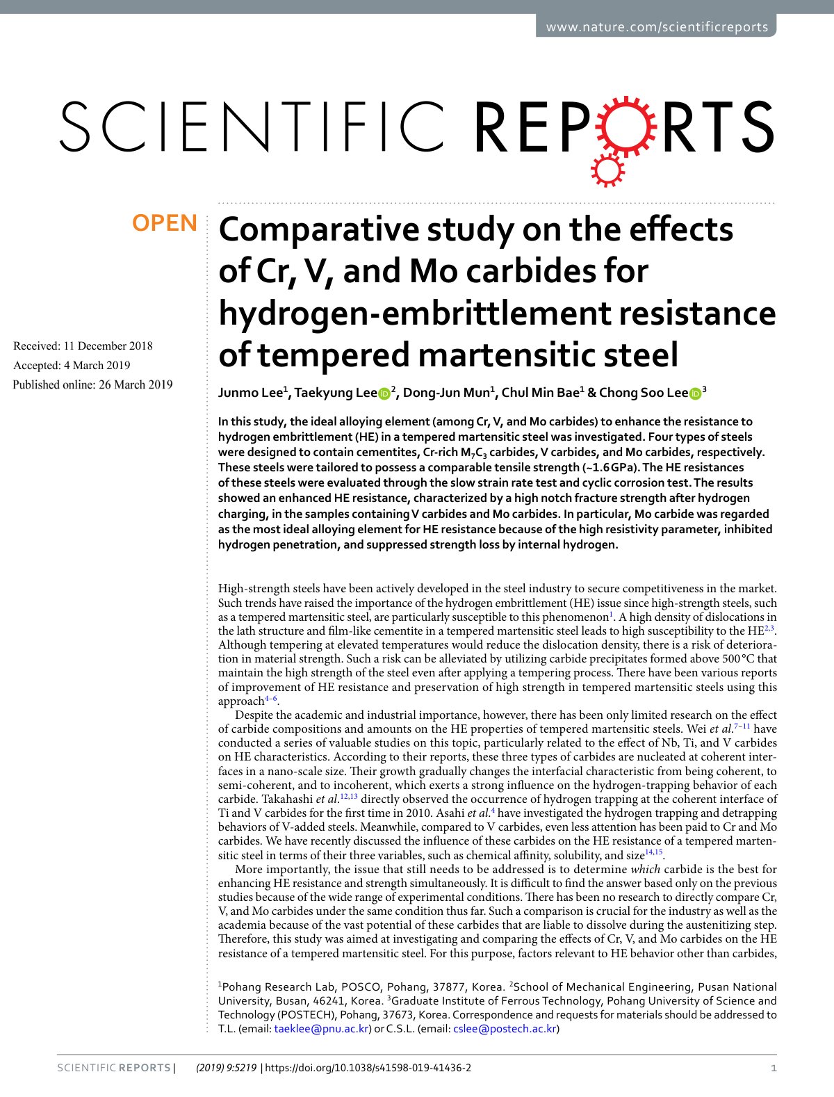 First page of Comparative study on the effects of Cr, V, and Mo carbides for hydrogen-embrittlement resistance of tempered martensitic steel