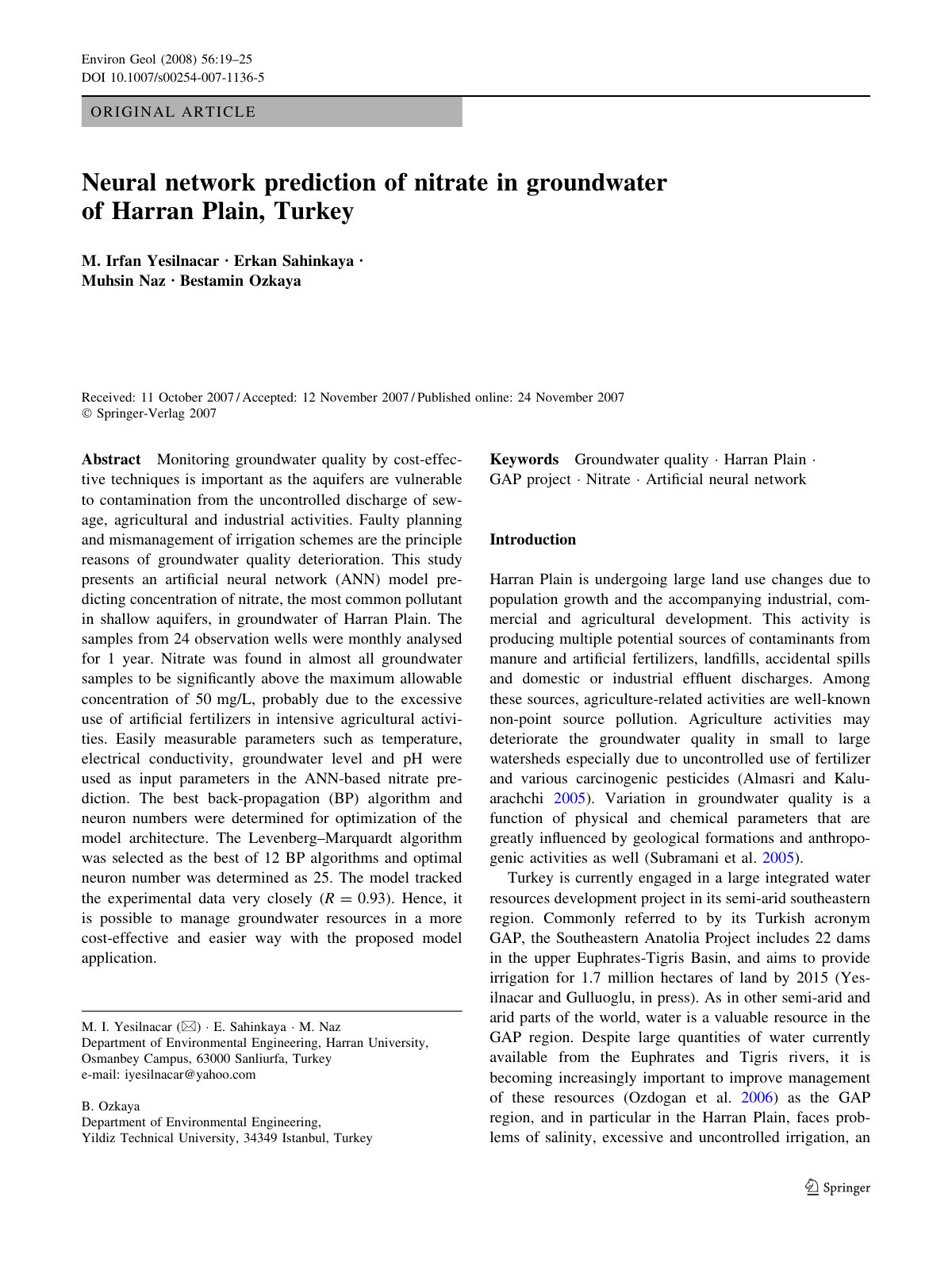 First page of Neural network prediction of nitrate in groundwater of Harran Plain, Turkey