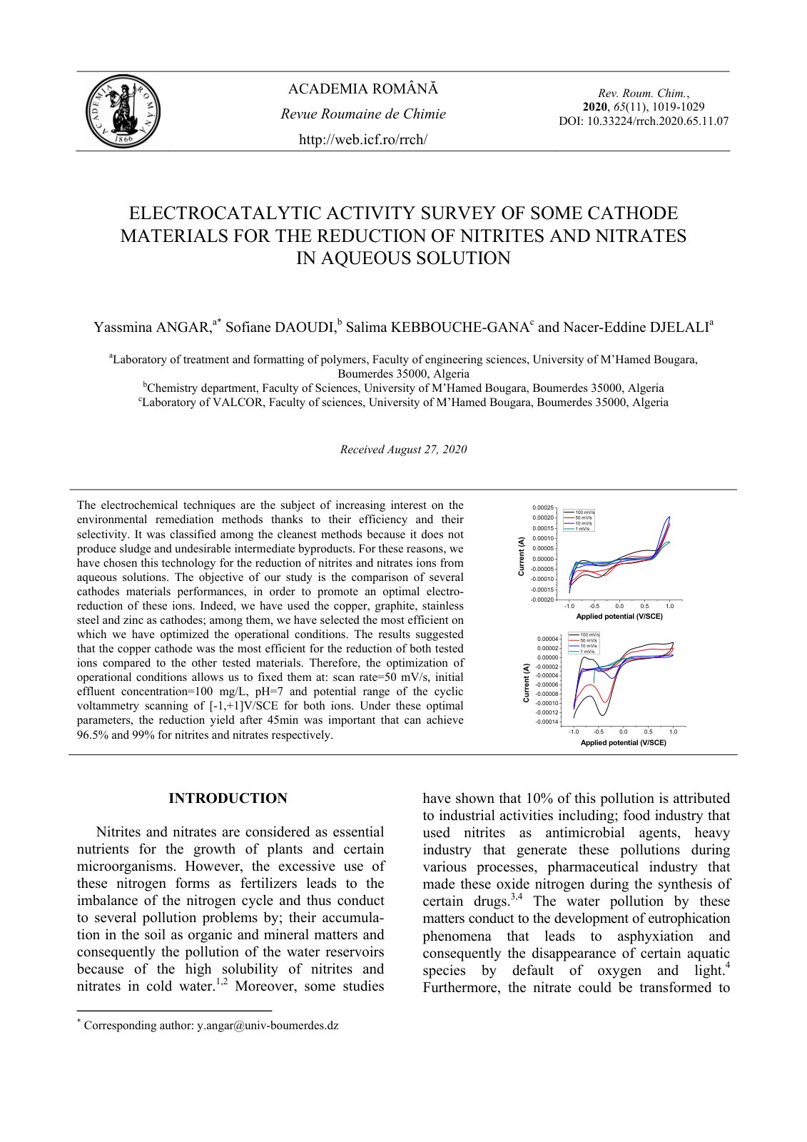 First page of Electrocatalytic activity survey of some cathode materials for the reduction of nitrites and nitrates in aqueous solution