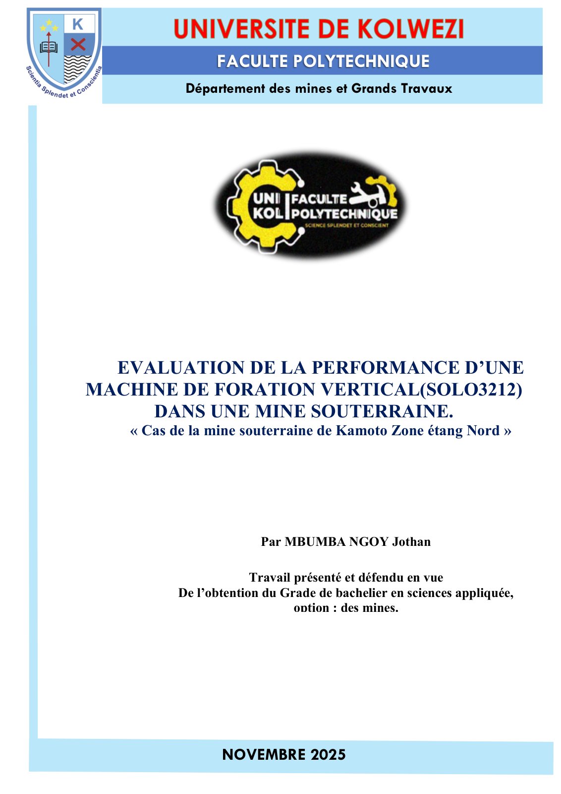 First page of Travail de fin de cycle, de Jothan MBUMBA NGOY, Bac3 mines polytechnique UNIKOL (1) Corrige[1