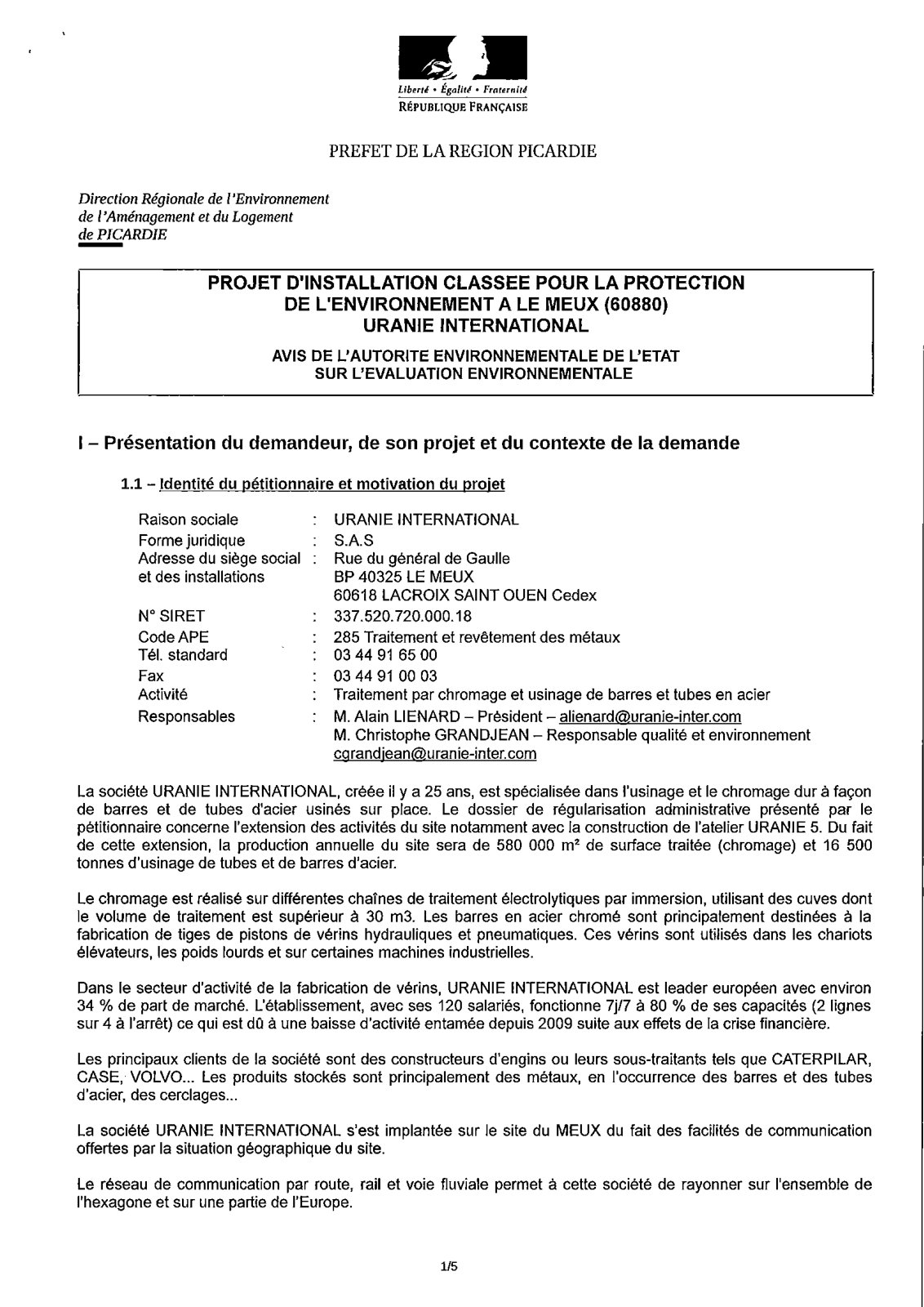 First page of PROJET D'INSTALLATION CLASSEE POUR LA PROTECTION DE L'ENVIRONNEMENT A LE MEUX (60880)