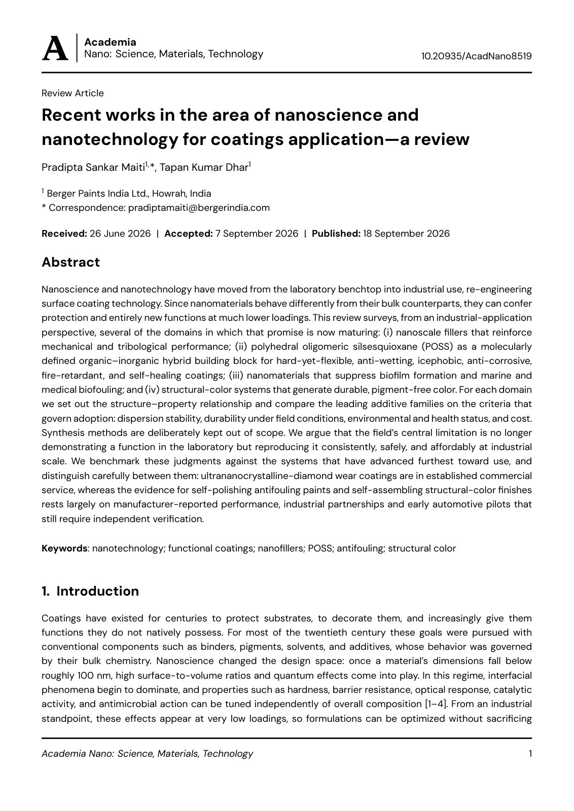 First page of Maiti et al 2026 Recent works in the area of nanoscience and nanotechnology AcadNano8519
