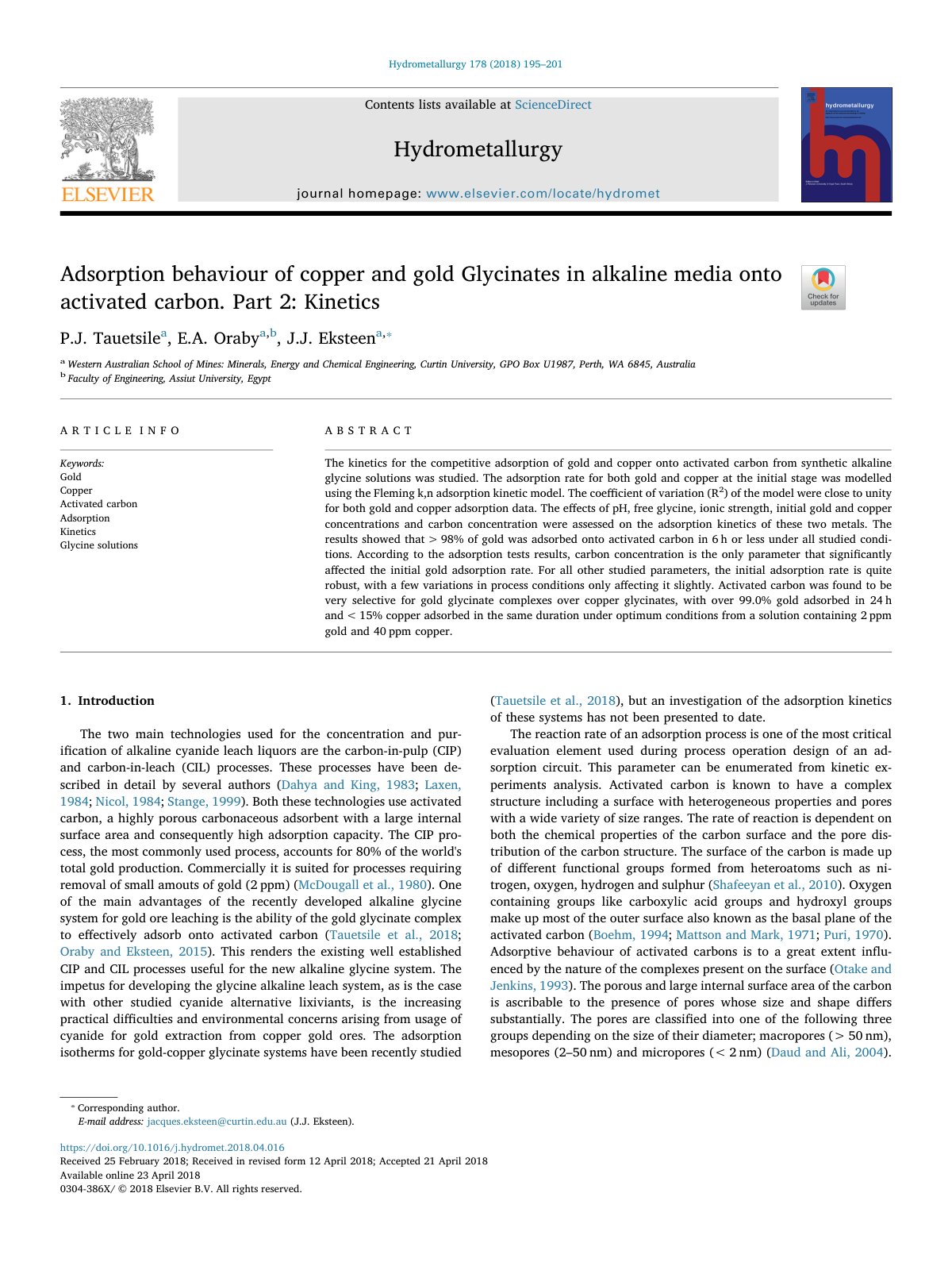 First page of Adsorption behaviour of copper and gold Glycinates in alkaline media onto activated carbon. Part 2: Kinetics