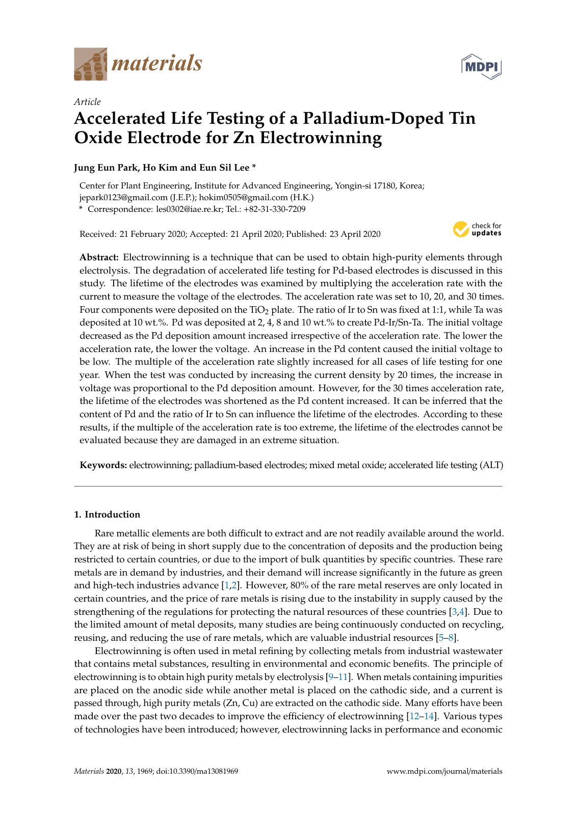 First page of Accelerated Life Testing of a Palladium-Doped Tin Oxide Electrode for Zn Electrowinning