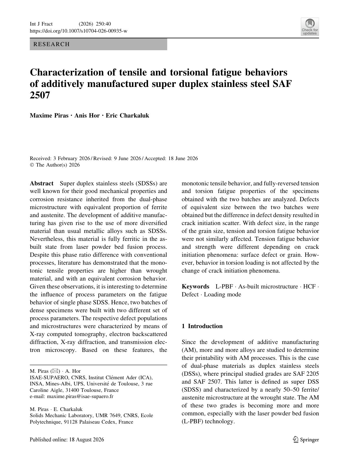 First page of 2026 Piras SAF2507 Tensile Torsional Fatigue