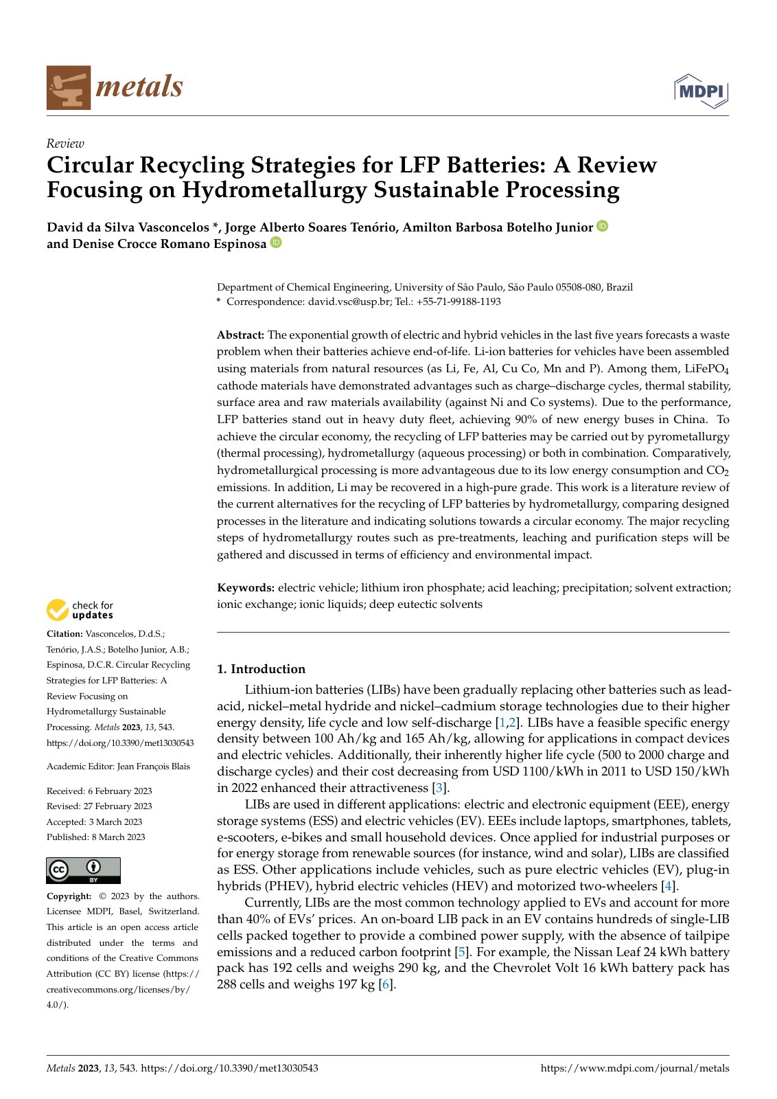 First page of Circular Recycling Strategies for LFP Batteries: A Review Focusing on Hydrometallurgy Sustainable Processing