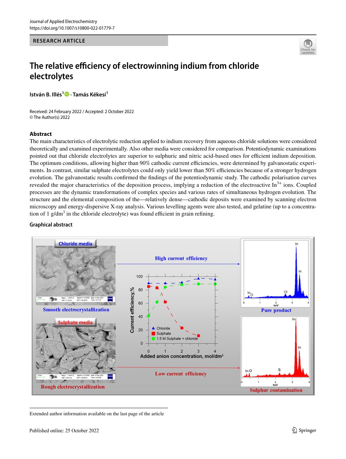 First page of The relative efficiency of electrowinning indium from chloride electrolytes