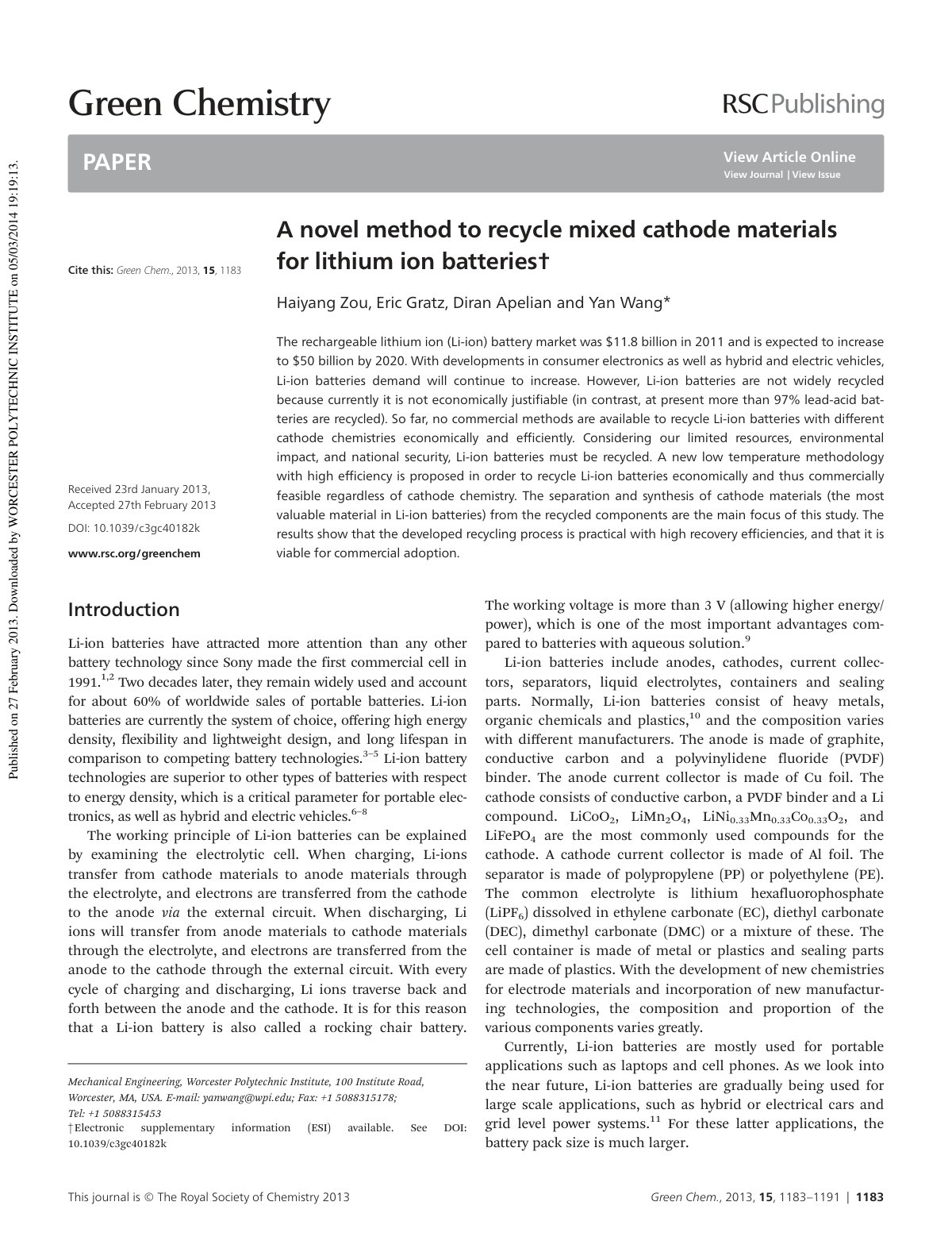 First page of A novel method to recycle mixed cathode