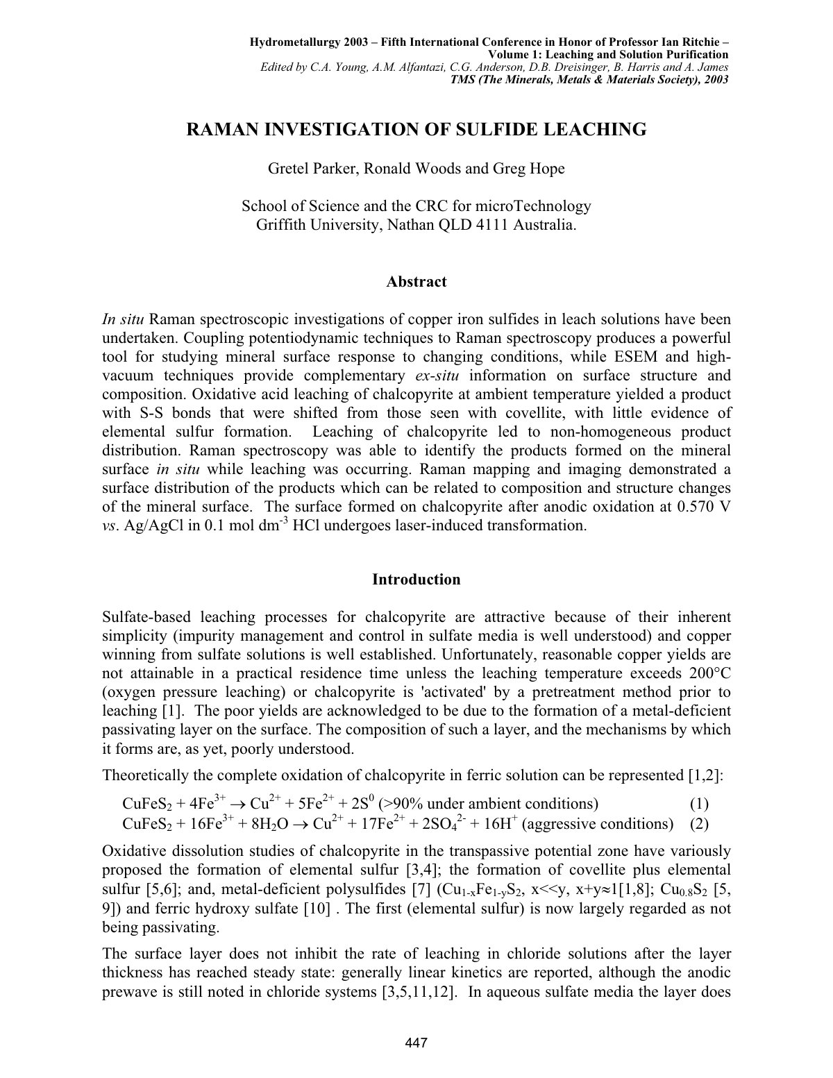 First page of RAMAN INVESTIGATION OF SULFIDE LEACHING