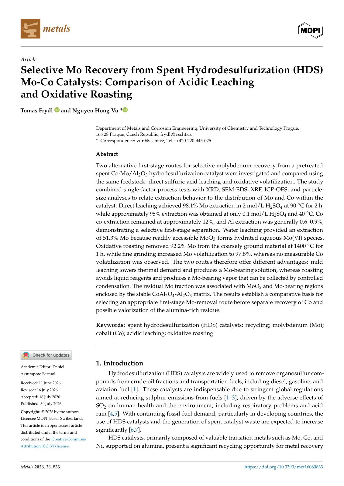 First page of Selective Mo Recovery from Spent Hydrodesulfurization (HDS) Mo-Co Catalysts: Comparison of Acidic Leaching and Oxidative Roasting