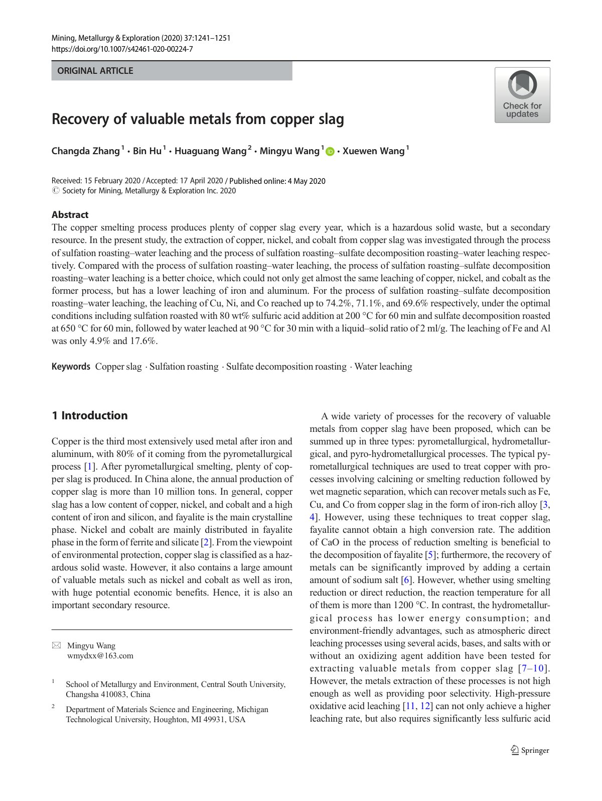 First page of Recovery of valuable metals from copper slag