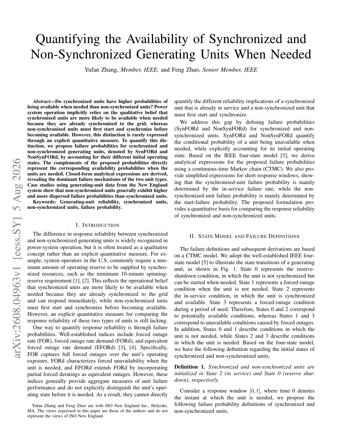 First page of Quantifying the Availability of Synchronized and Non-Synchronized Generating Units When Needed