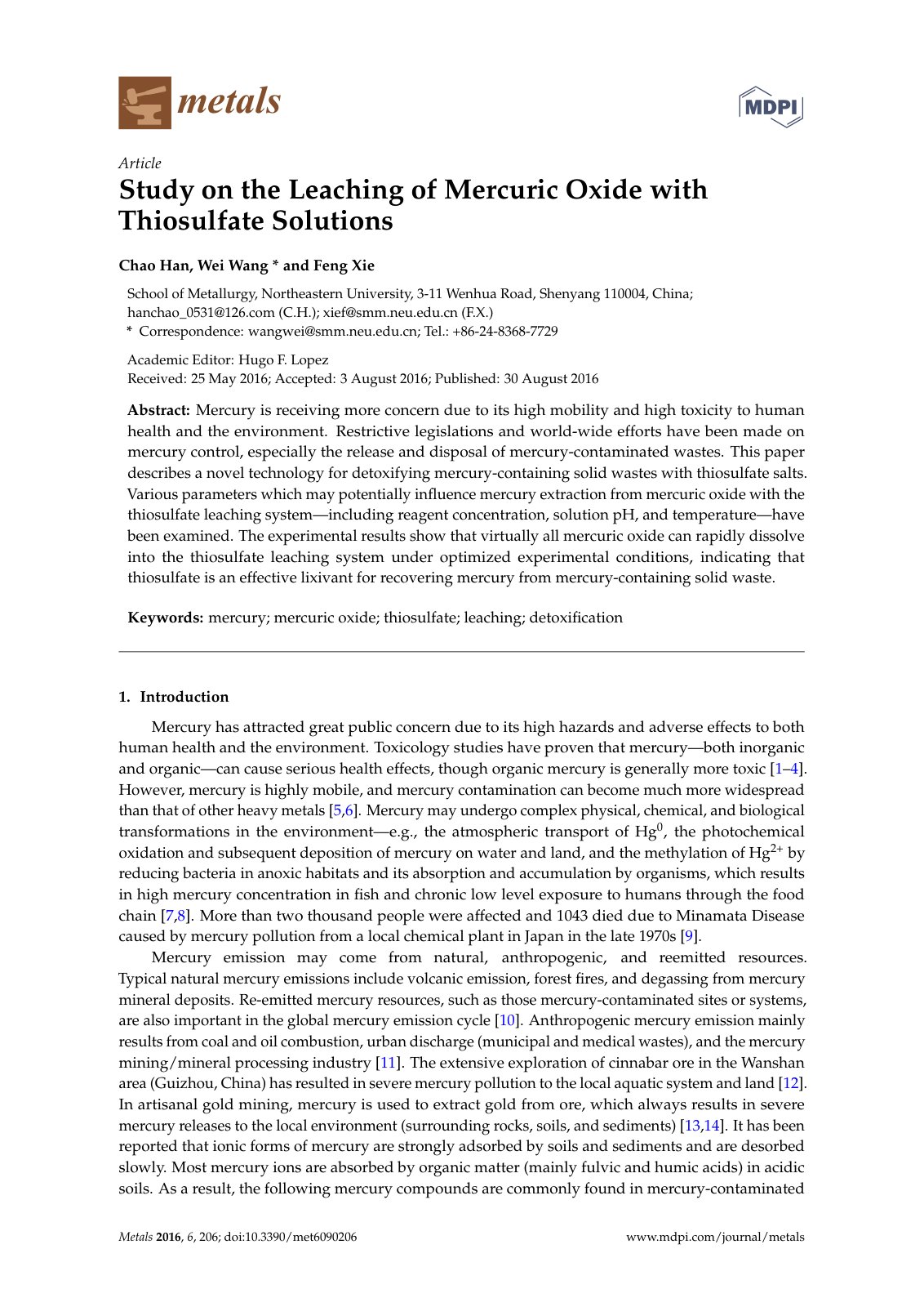First page of Study on the Leaching of Mercuric Oxide with Thiosulfate Solutions