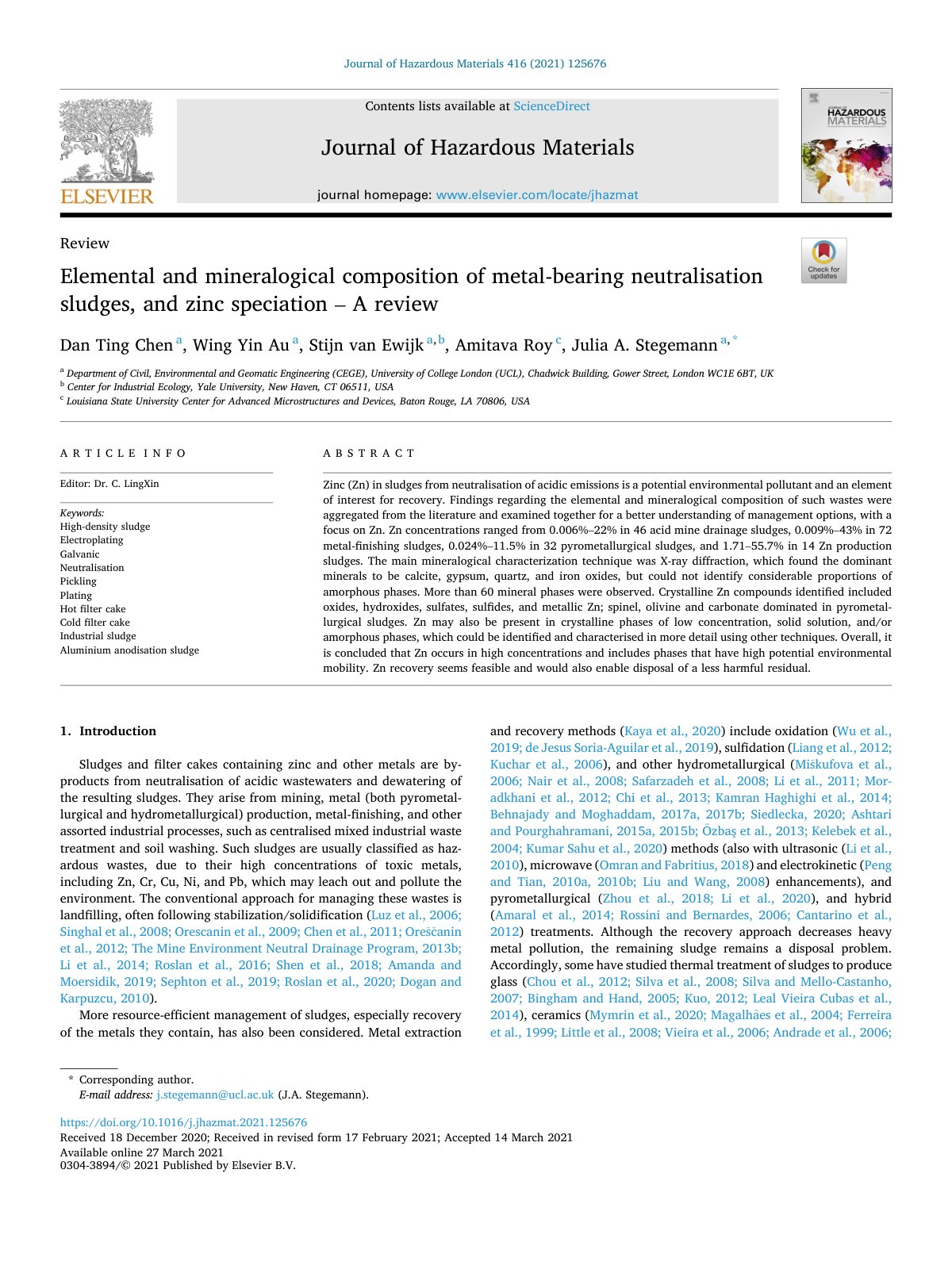 First page of Elemental and mineralogical composition of metal-bearing neutralisation sludges, and zinc speciation – A review