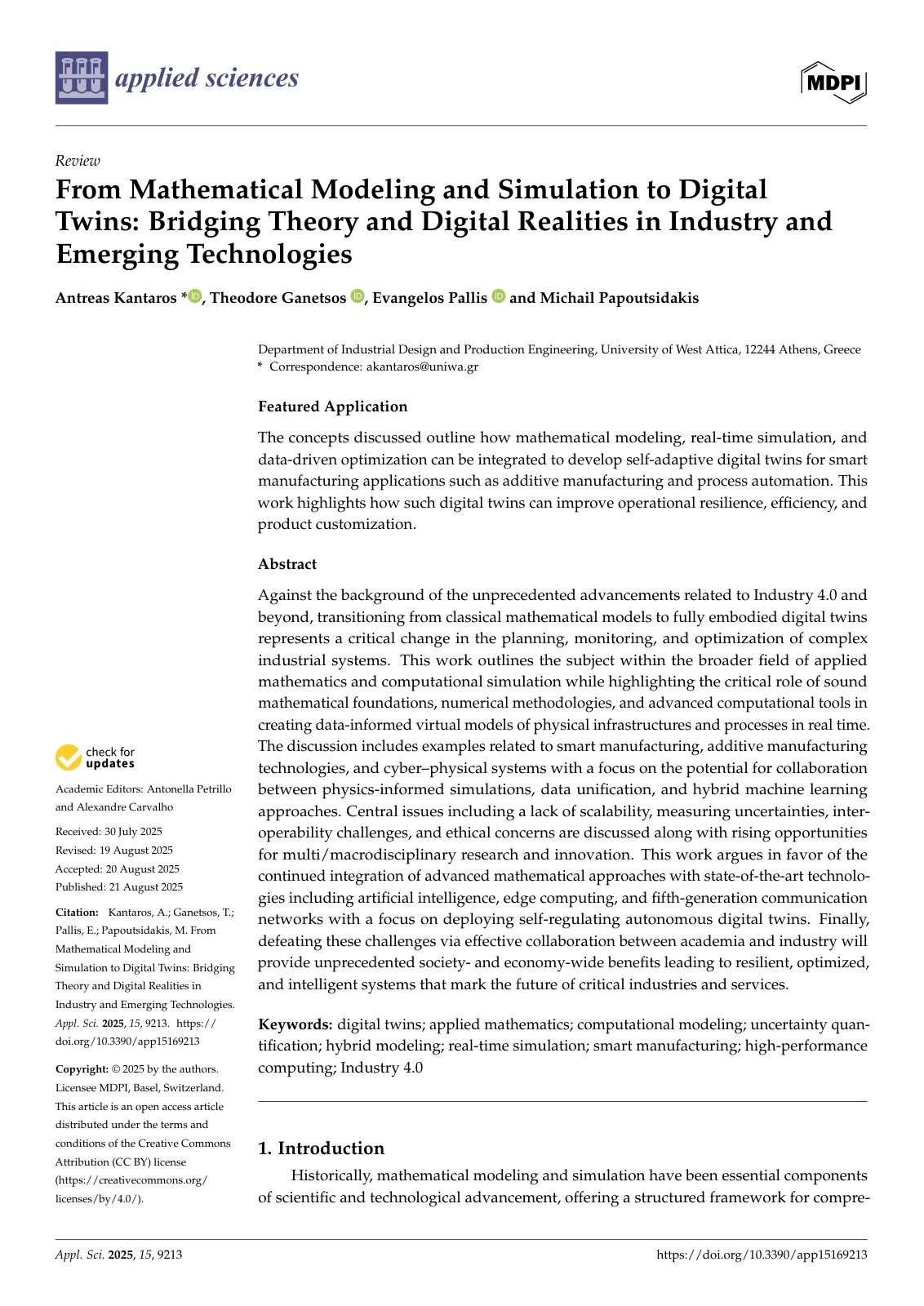 First page of From Mathematical Modeling and Simulation to Digital Twins: Bridging Theory and Digital Realities in Industry and Emerging Technologies