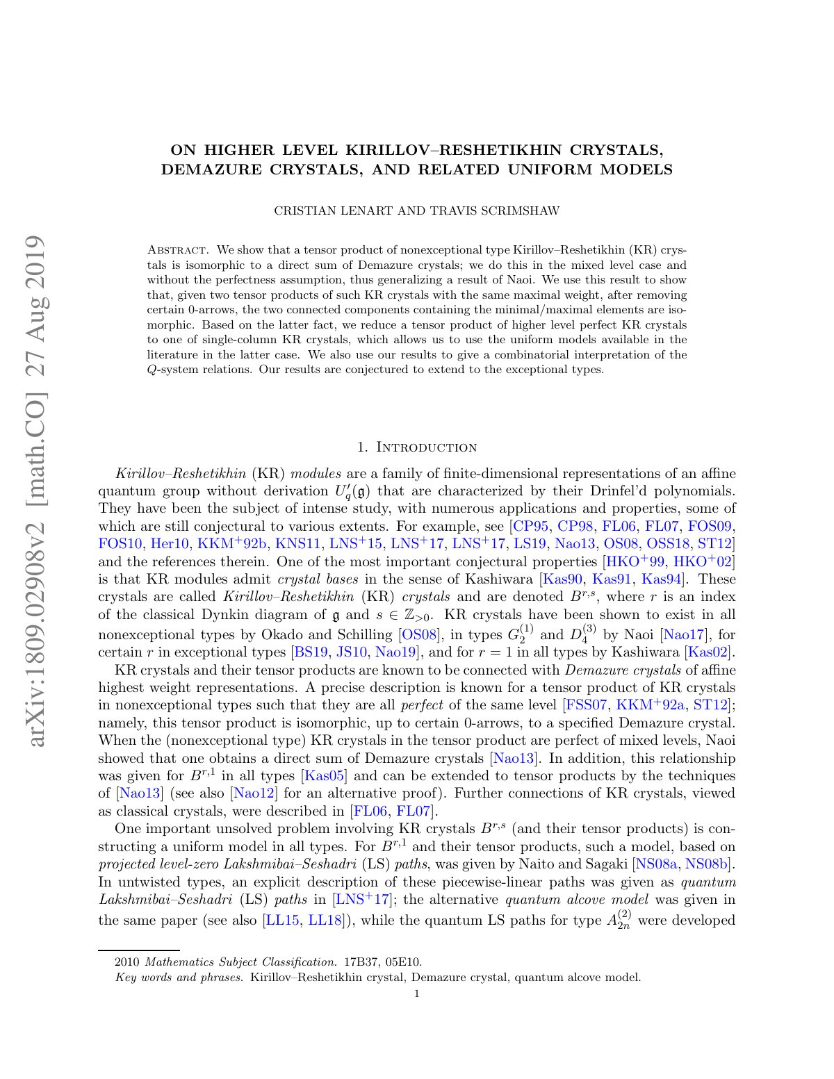 First page of On higher level Kirillov Reshetikhin cry