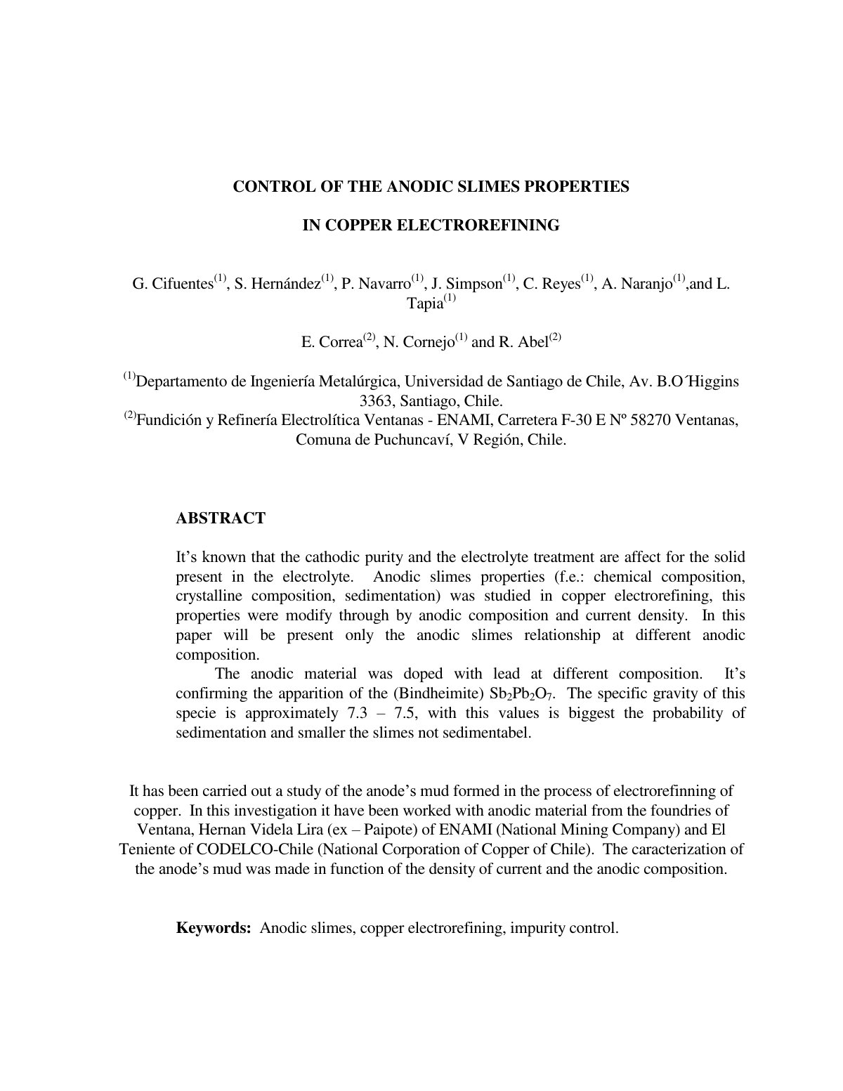 First page of Control of Anodic Slimes Properties in C