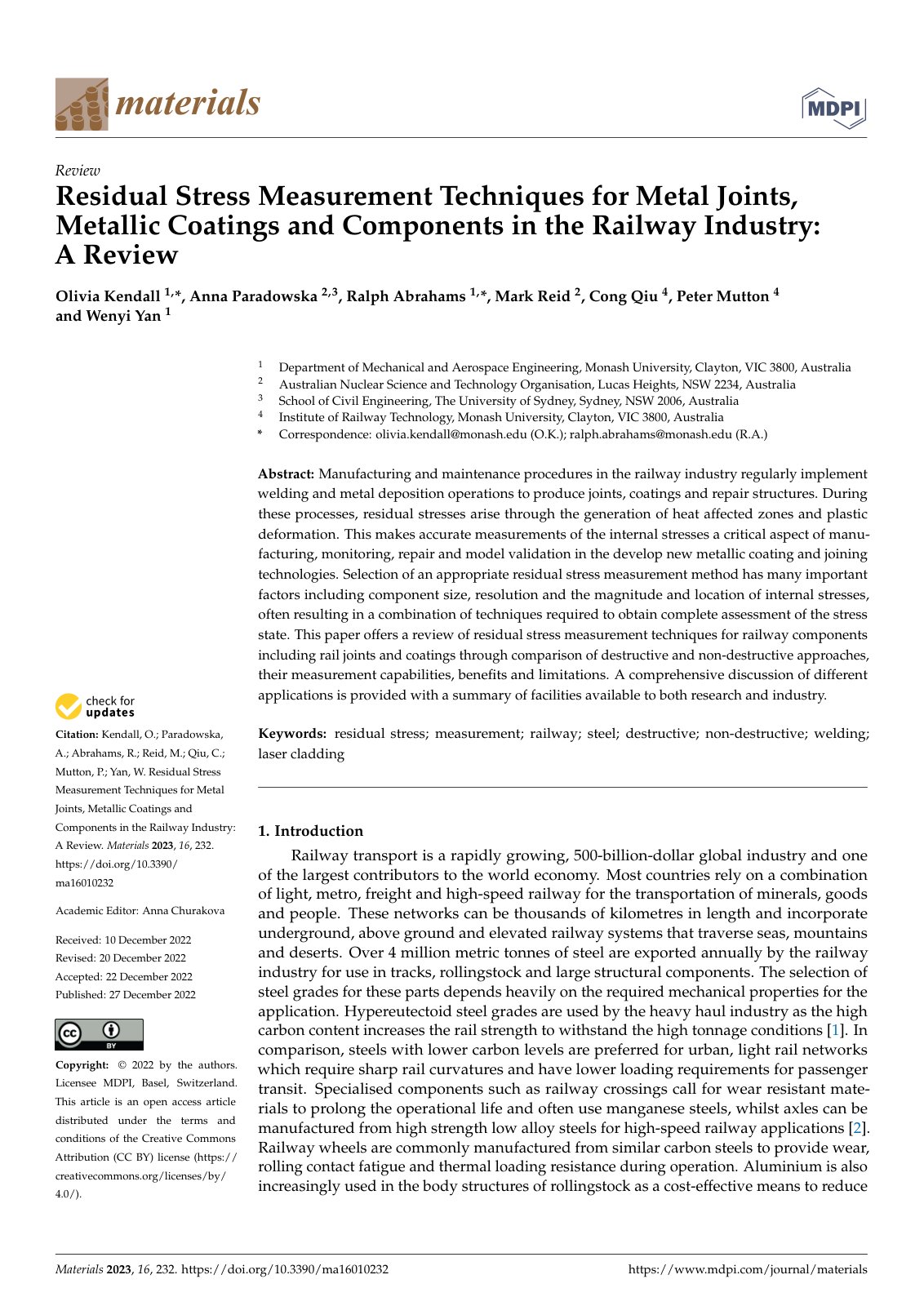 First page of Residual Stress Measurement Techniques for Metal Joints, Metallic Coatings and Components in the Railway Industry: A Review