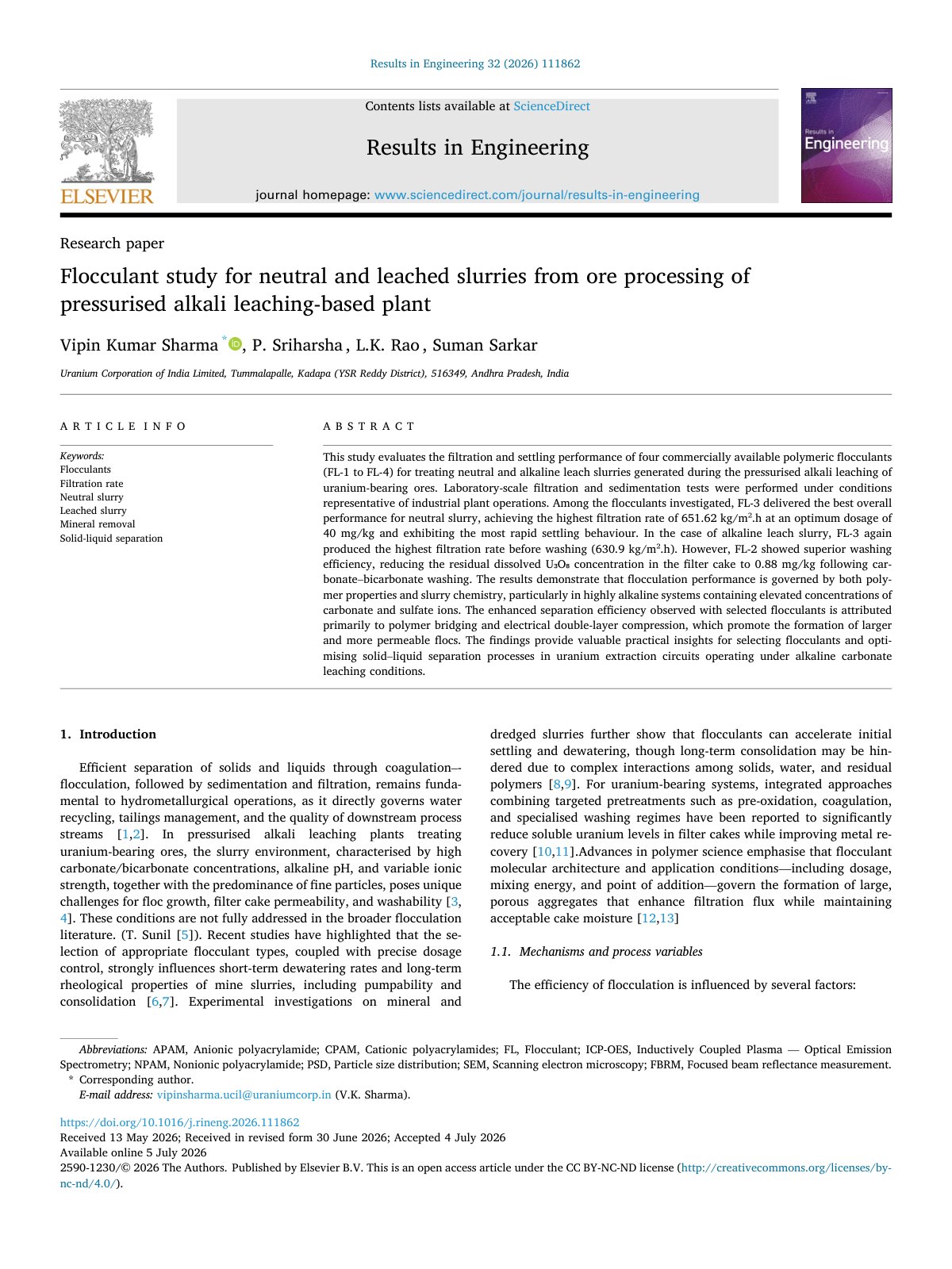 First page of Flocculant study for neutral and leached slurries from ore  2026 Results in 