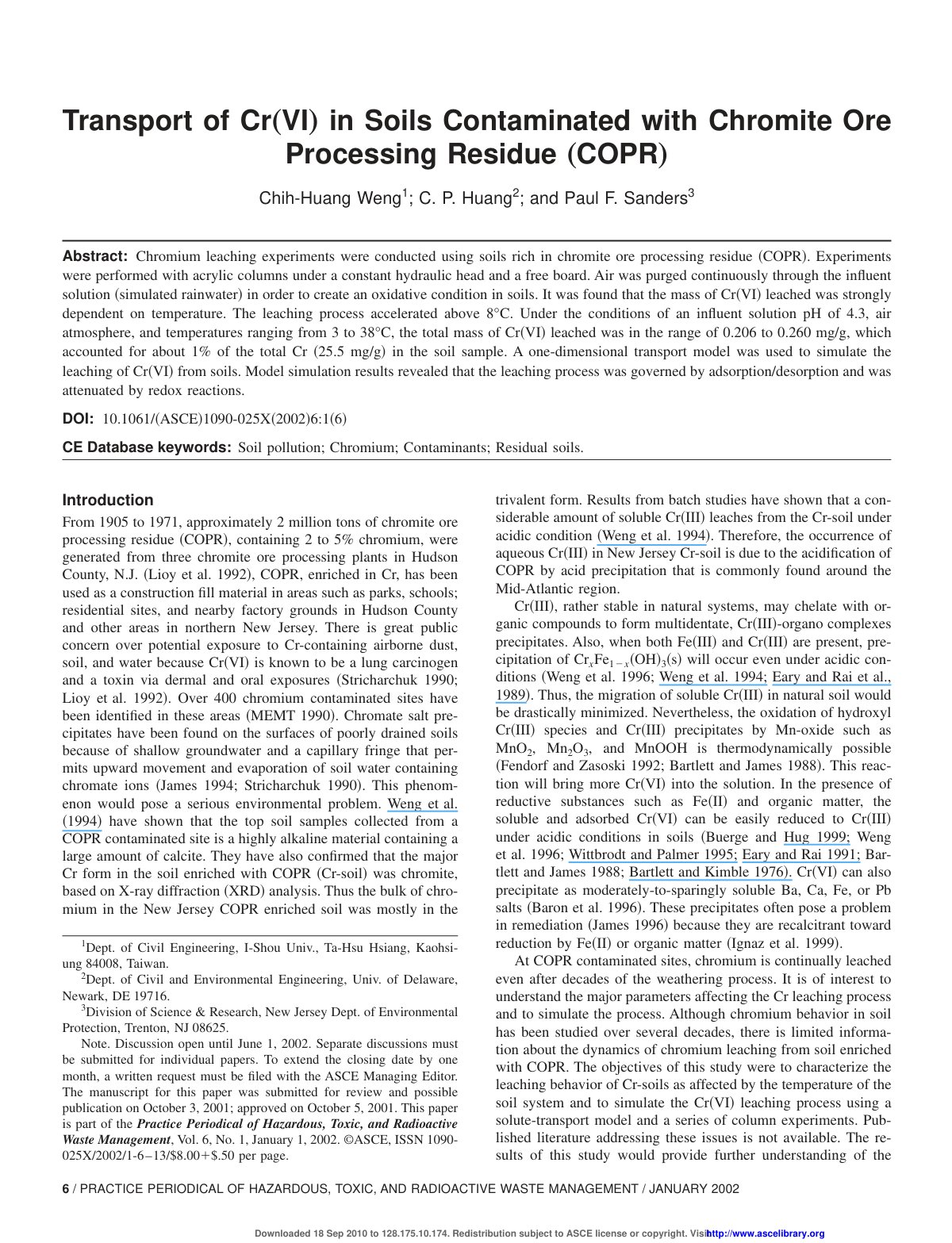 First page of Transport of Cr„ VI… in Soils Contaminated with Chromite Ore Processing Residue „ COPR…