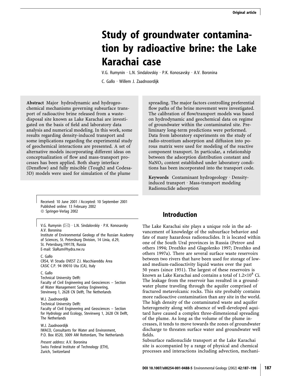 First page of Study of groundwater contamination by radioactive brine: the Lake Karachai case