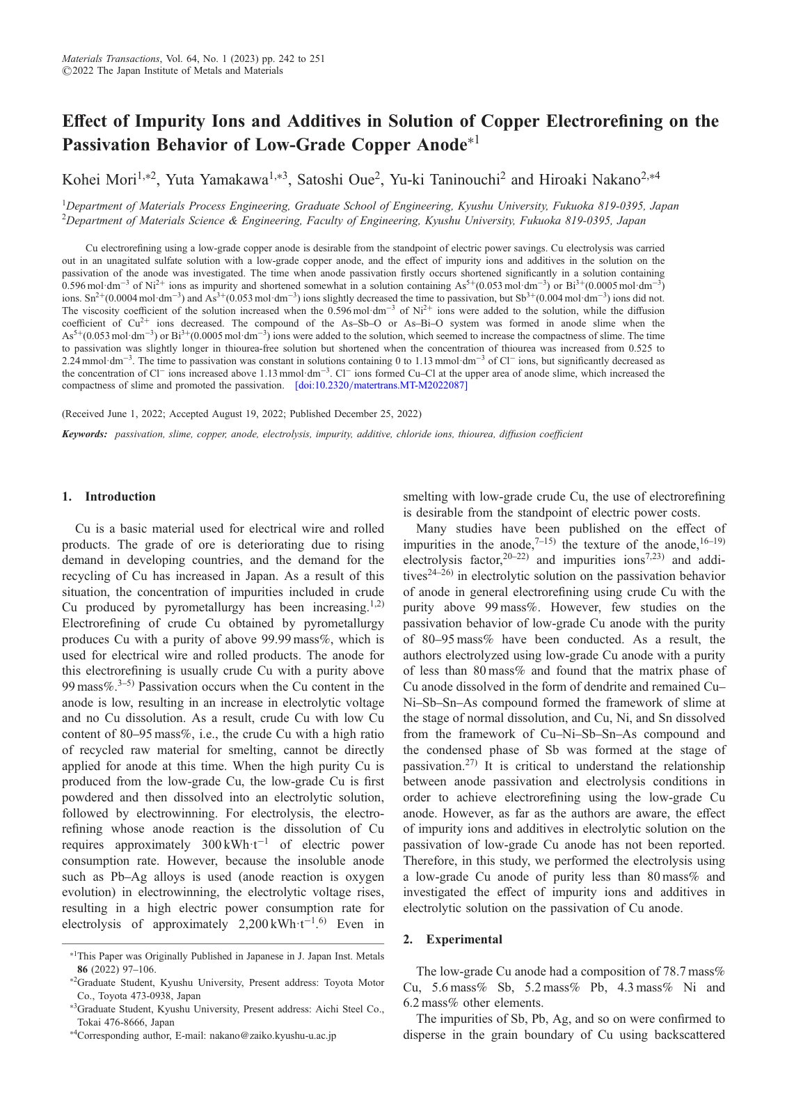 First page of Eﬀect of Impurity Ions and Additives in Solution of Copper Electroreﬁning on the Passivation Behavior of Low-Grade Copper Anode