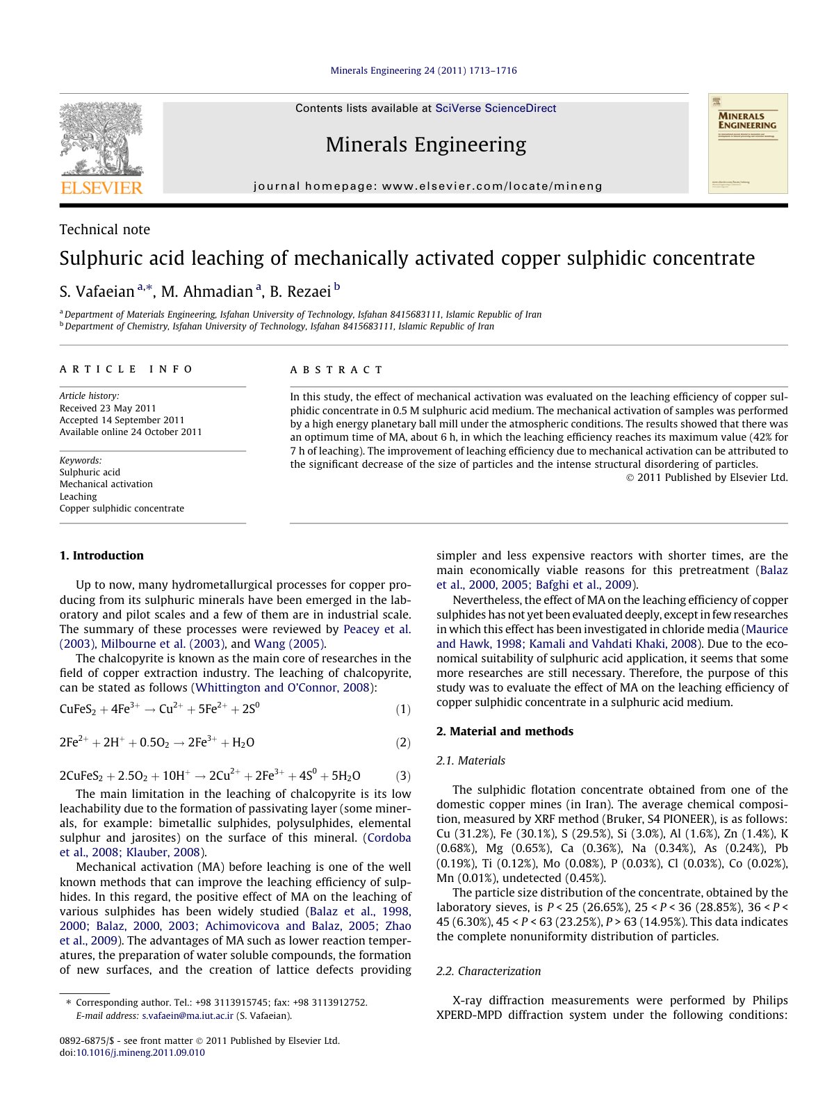 First page of Sulphuric acid leaching of mechanically activated copper sulphidic concentrate