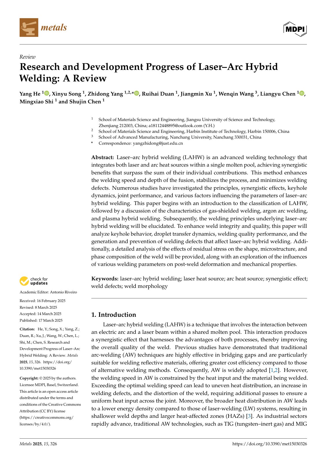First page of Research and Development Progress of Laser–Arc Hybrid Welding: A Review