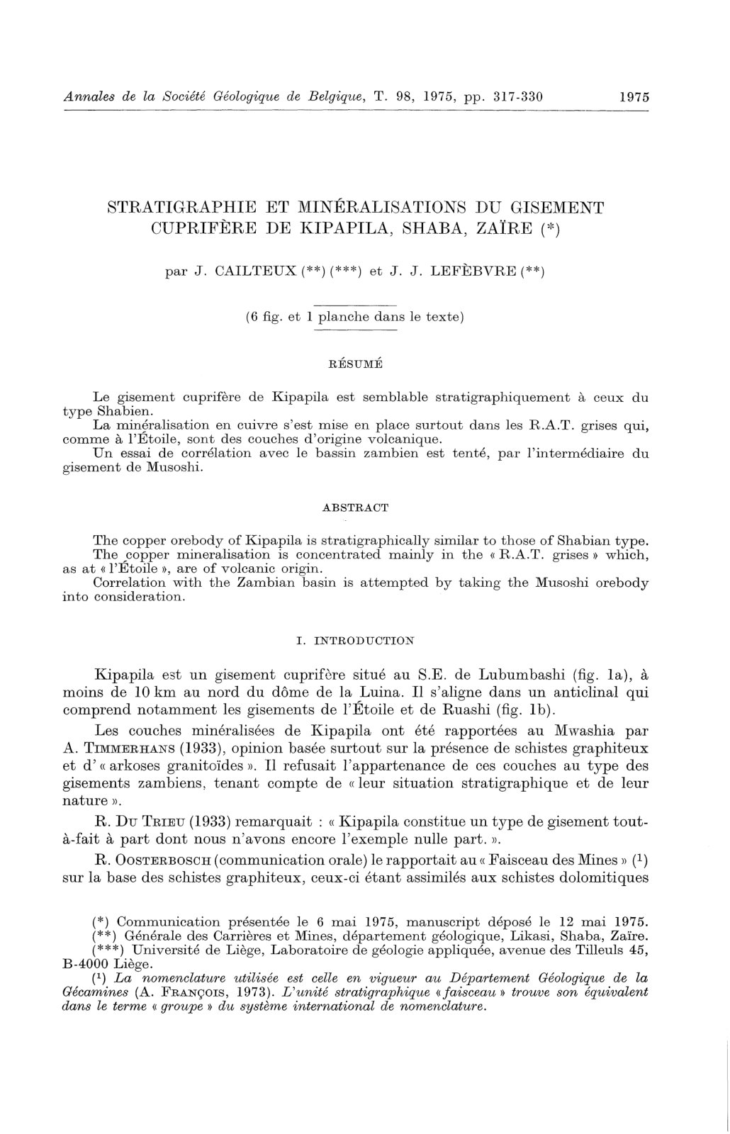 First page of STRATIGRAPHIE ET MINÉRALISATIONS DU GISEMENT CUPRIFÈRE DE KIPAPILA, SHABA, ZAÏRE