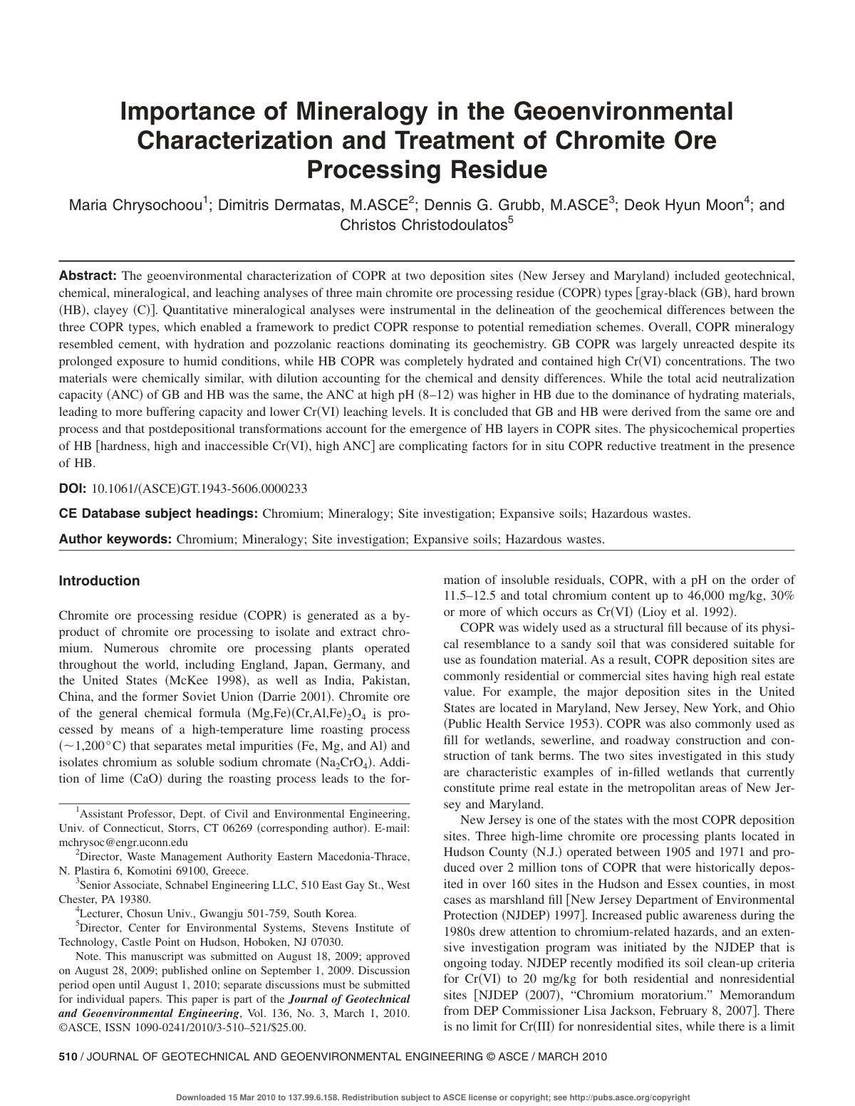 First page of Importance of Mineralogy in the Geoenvironmental Characterization and Treatment of Chromite Ore Processing Residue
