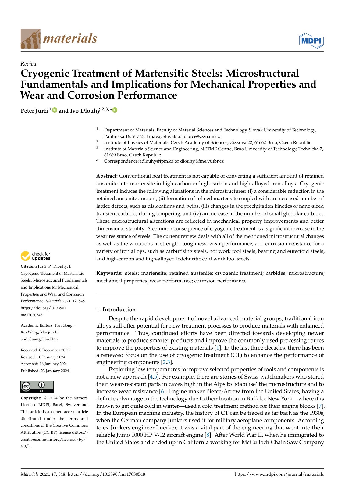 First page of Cryogenic Treatment of Martensitic Steels: Microstructural Fundamentals and Implications for Mechanical Properties and Wear and Corrosion Performance