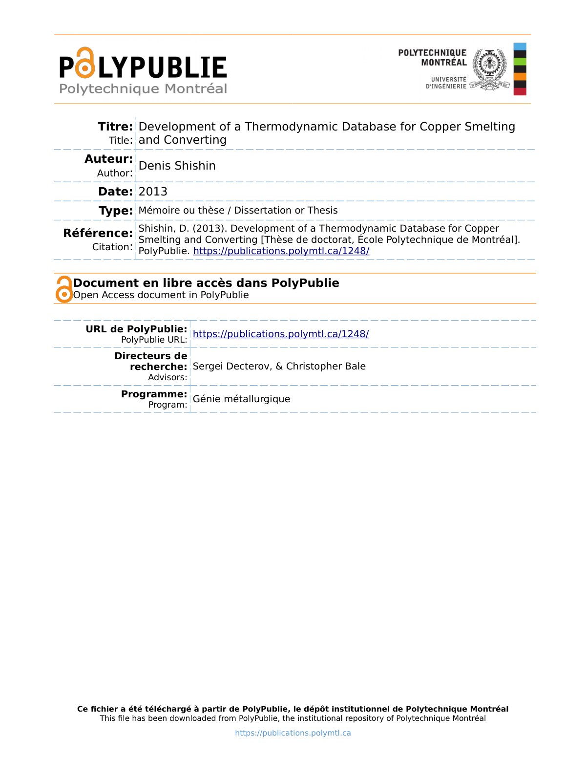 First page of Development of a Thermodynamic Database for Copper Smelting and Converting
