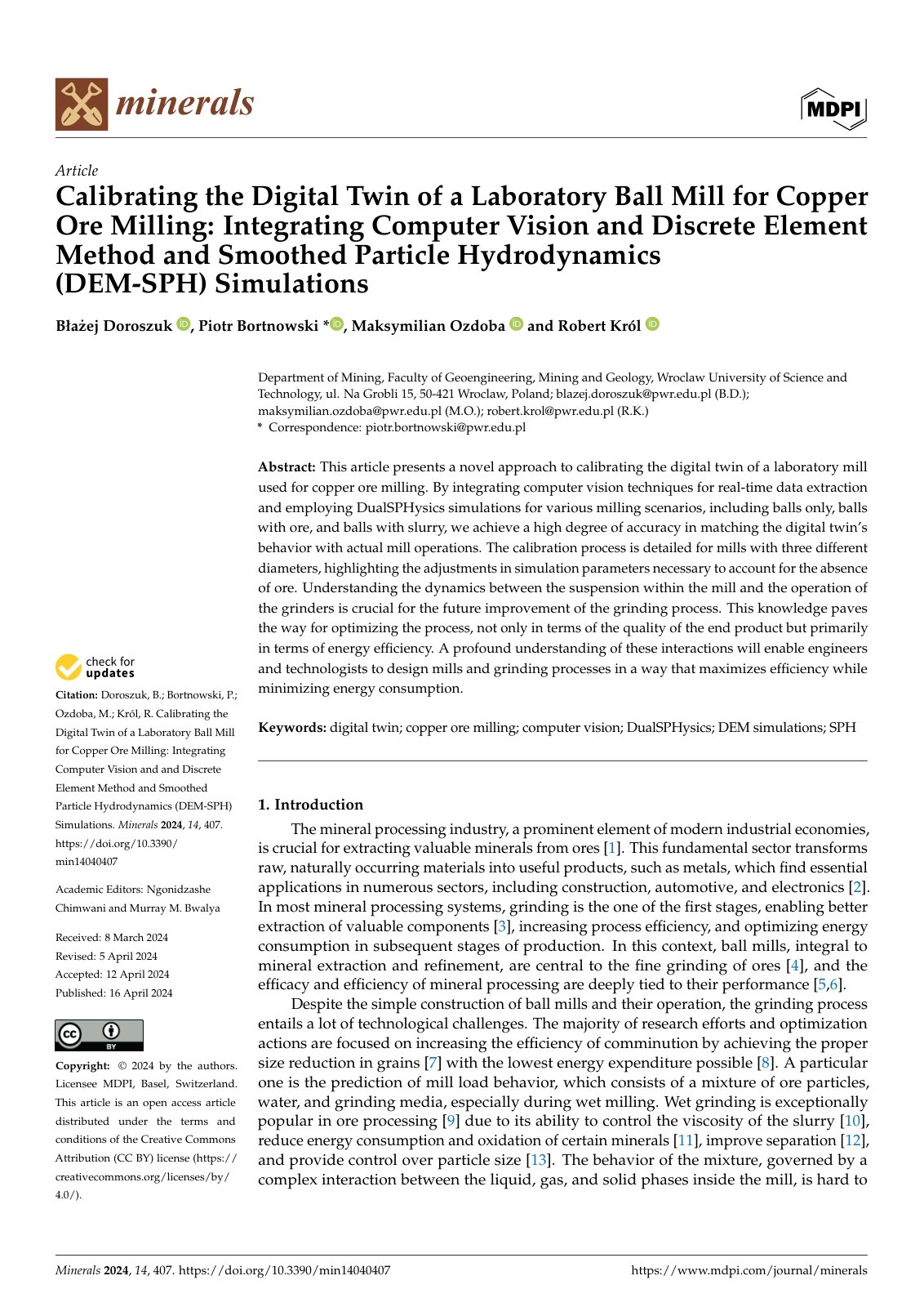 First page of Calibrating the Digital Twin of a Laboratory Ball Mill for Copper Ore Milling: Integrating Computer Vision and Discrete Element Method and Smoothed Particle Hydrodynamics (DEM-SPH) Simulations