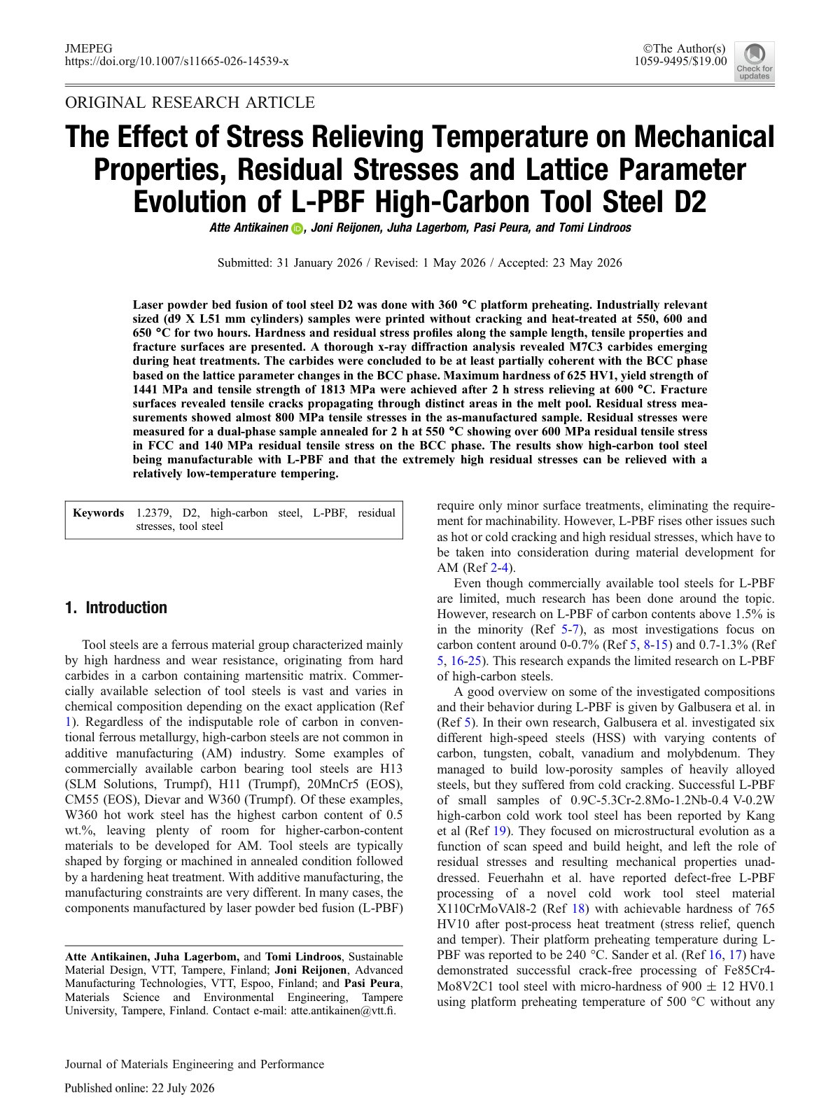 First page of The Effect of Stress Relieving Temperature on Mechanical Properties, Residual Stresses and Lattice Parameter Evolution of L-PBF High-Carbon Tool Steel D2