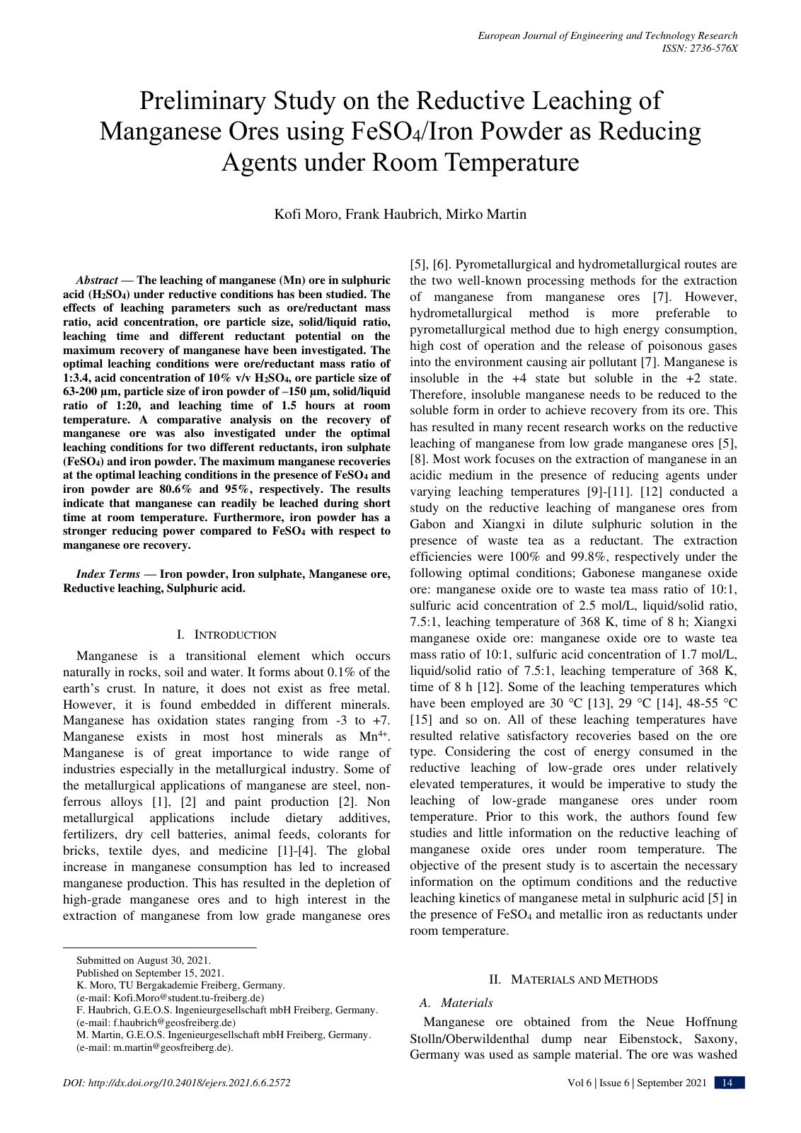 First page of Preliminary Study on the Reductive Leach