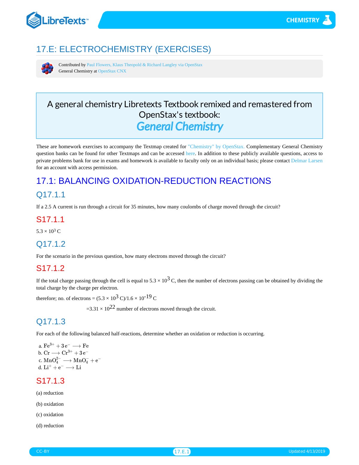 First page of LibreTexts  Louisville Collegiate School  Chapters  17  Electrochemistry  17.E  Electrochemistry (Exercises)