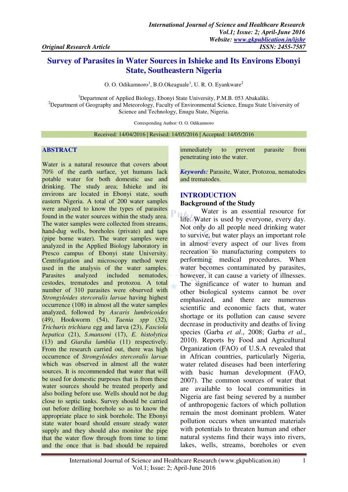 First page of Survey of Parasites in Water Sources in Ishieke and Its Environs Ebonyi State, Southeastern Nigeria