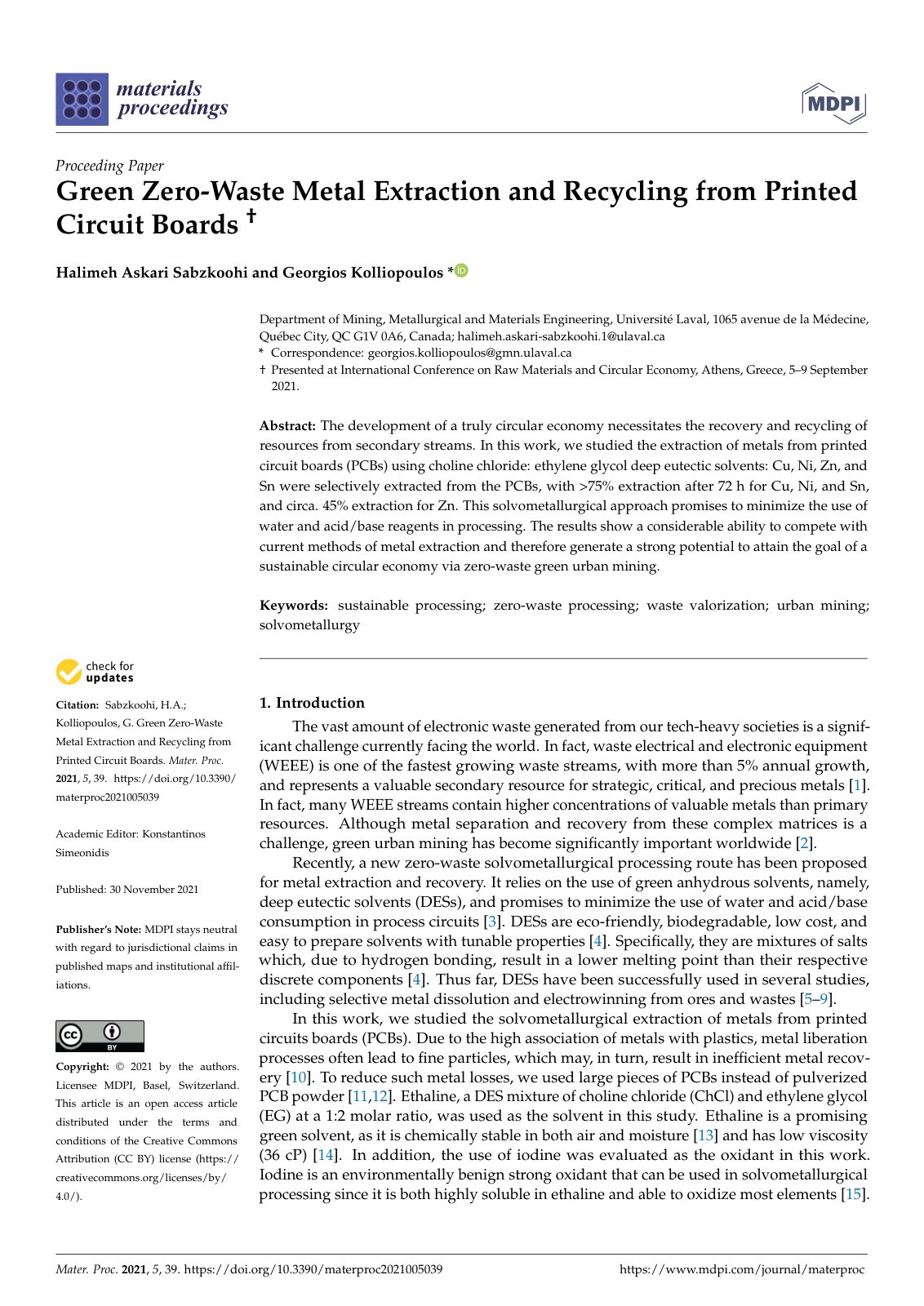 First page of Green Zero Waste Metal Extraction and Re