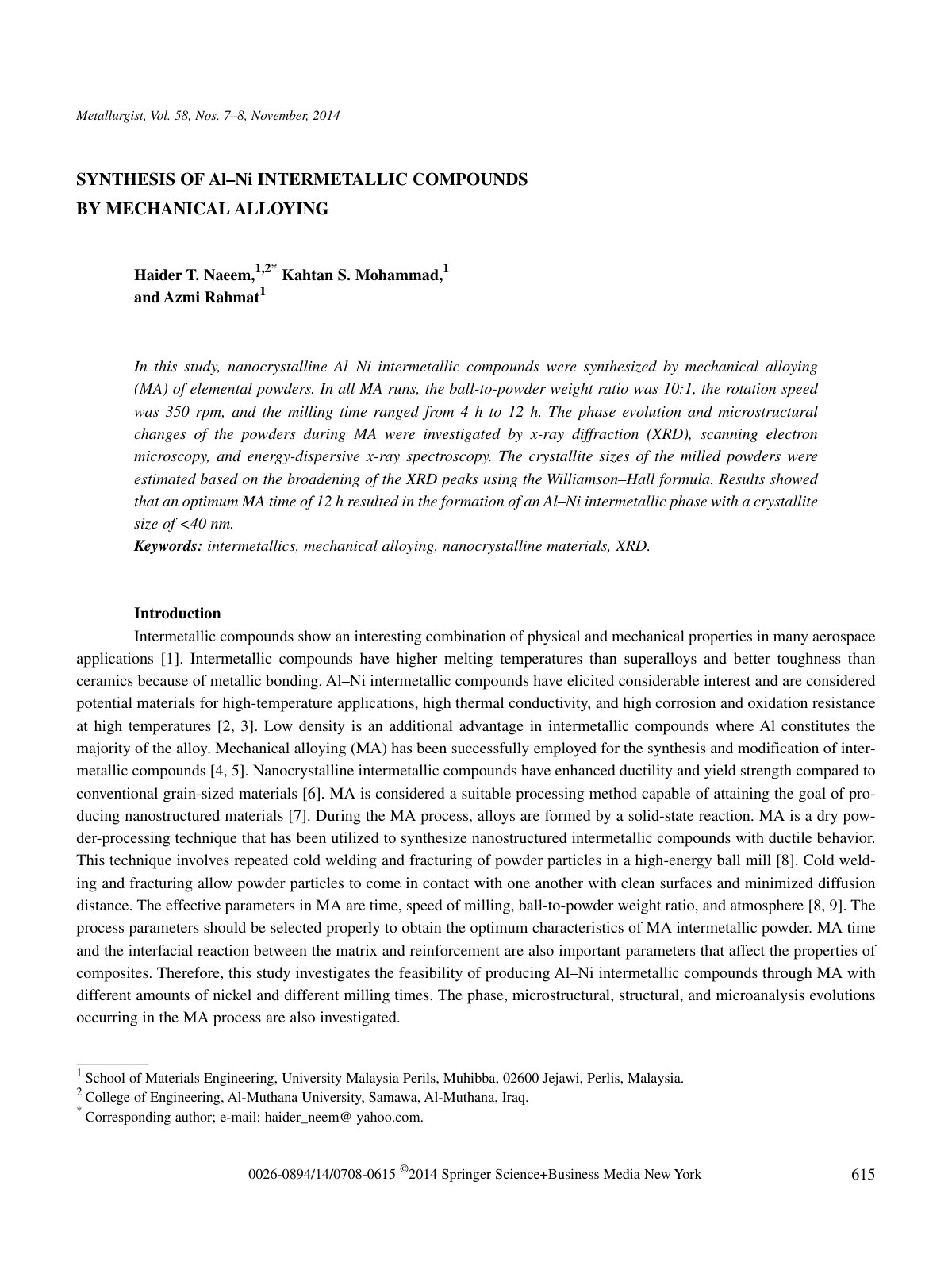 First page of Mechanical alloying of Al–Ni intermetallic compounds