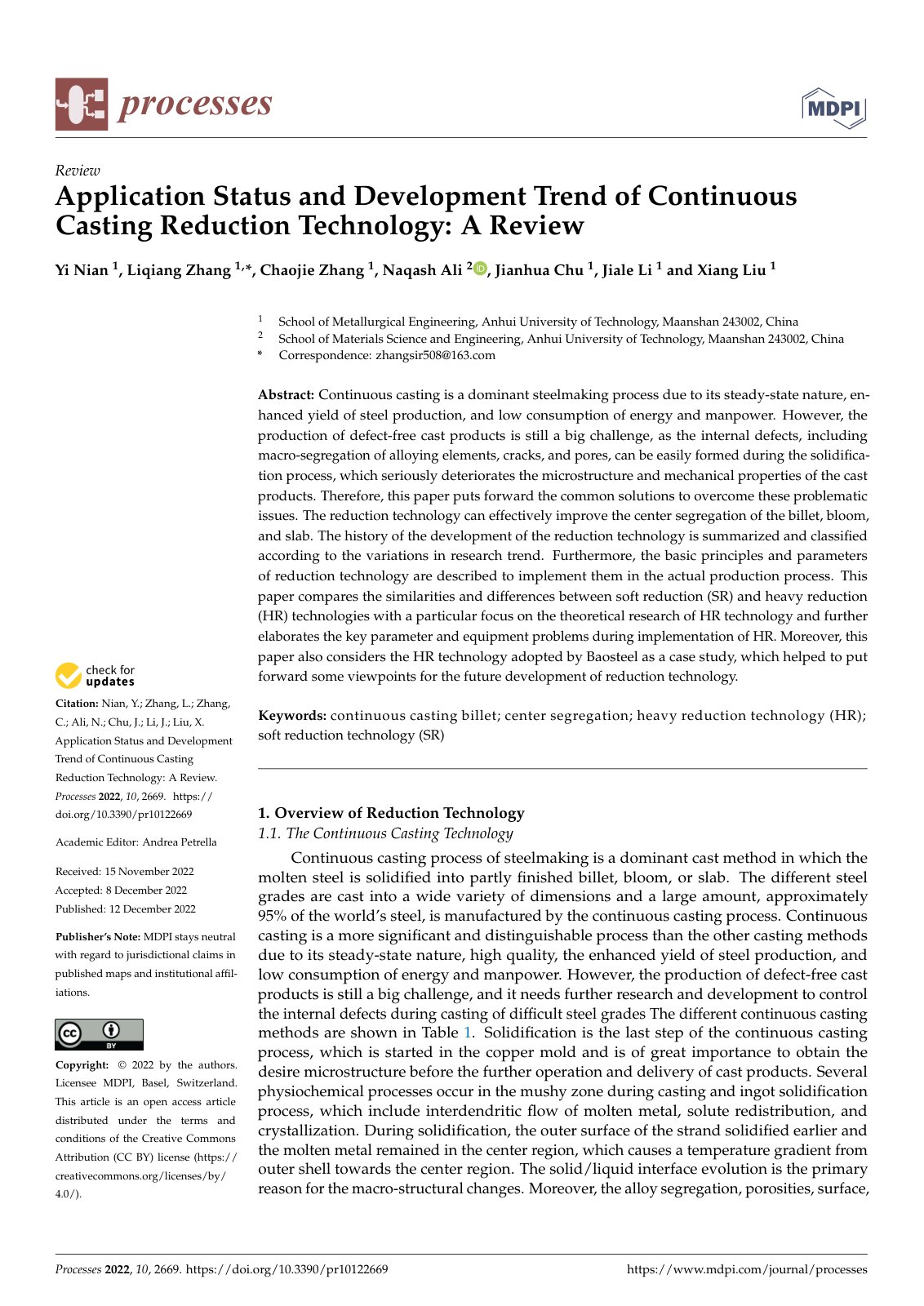 First page of Application Status and Development Trend of Continuous Casting Reduction Technology: A Review