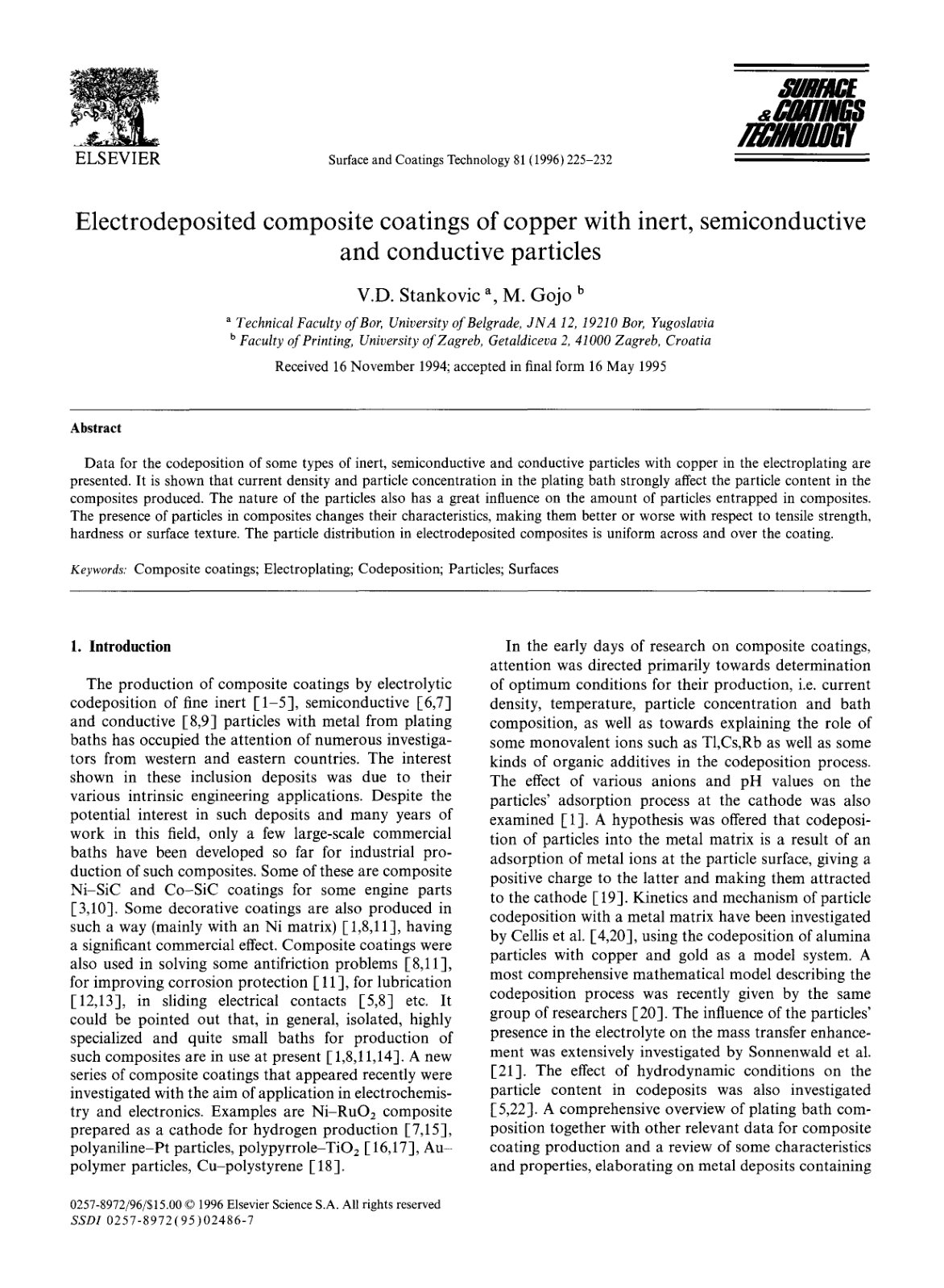 First page of Electrodeposited composite coatings of copper with inert, semiconductive and conductive particles