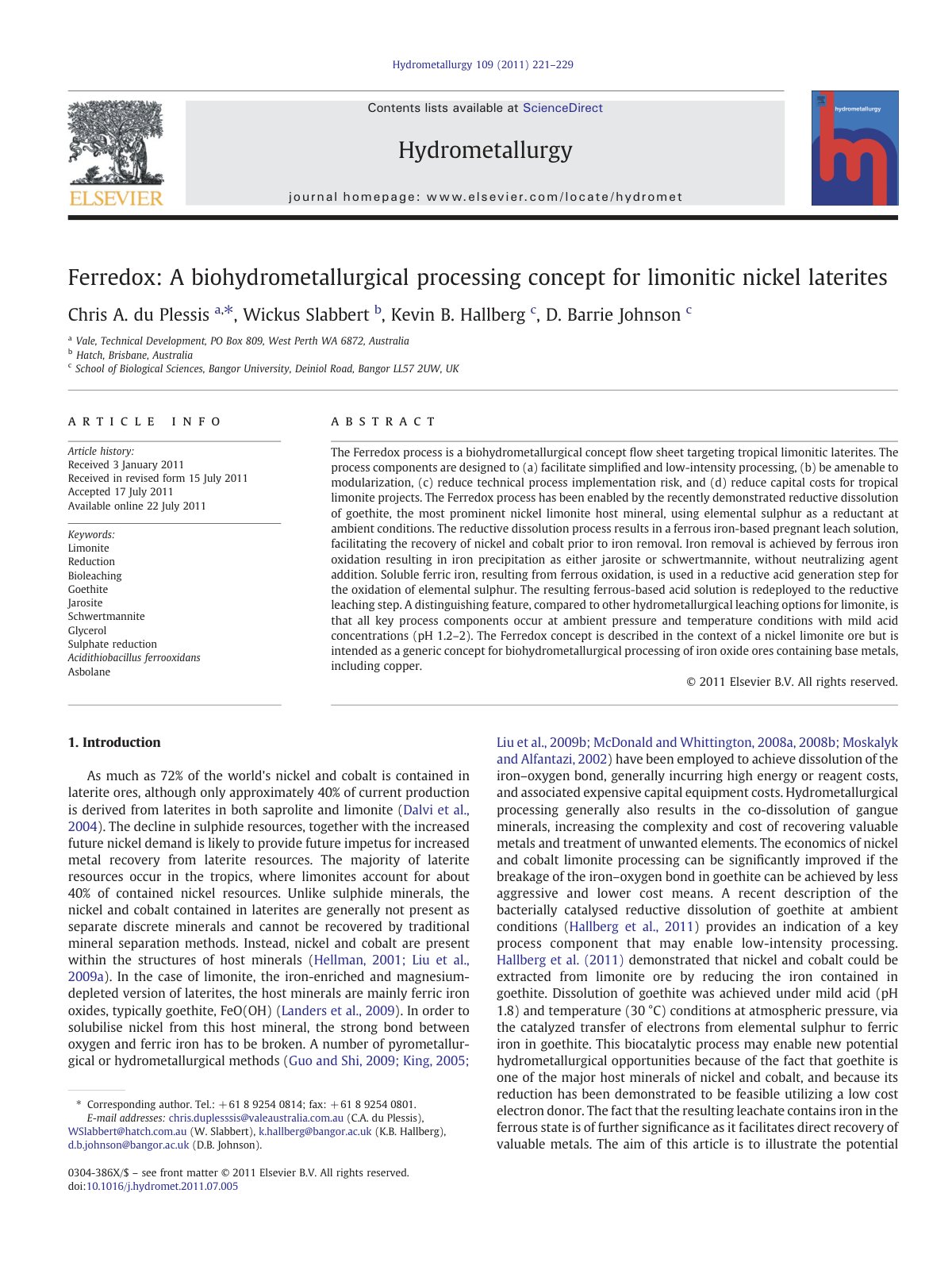 First page of Ferredox: A biohydrometallurgical processing concept for limonitic nickel laterites