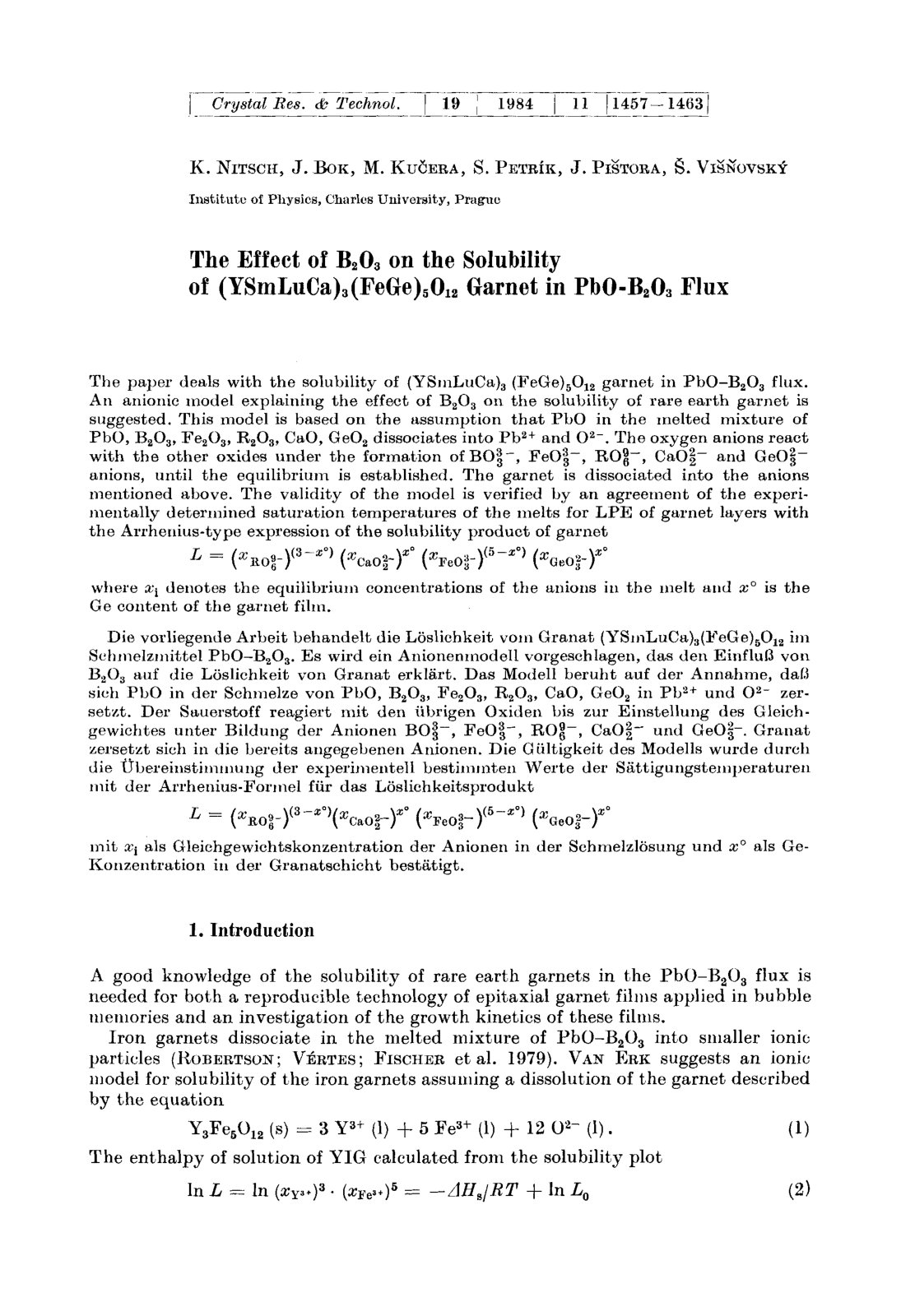 First page of The Effect of B203 on the Solubility of (PS~LUC~),(F~G~),O,~ Garnet in PbO-B,O, Flux